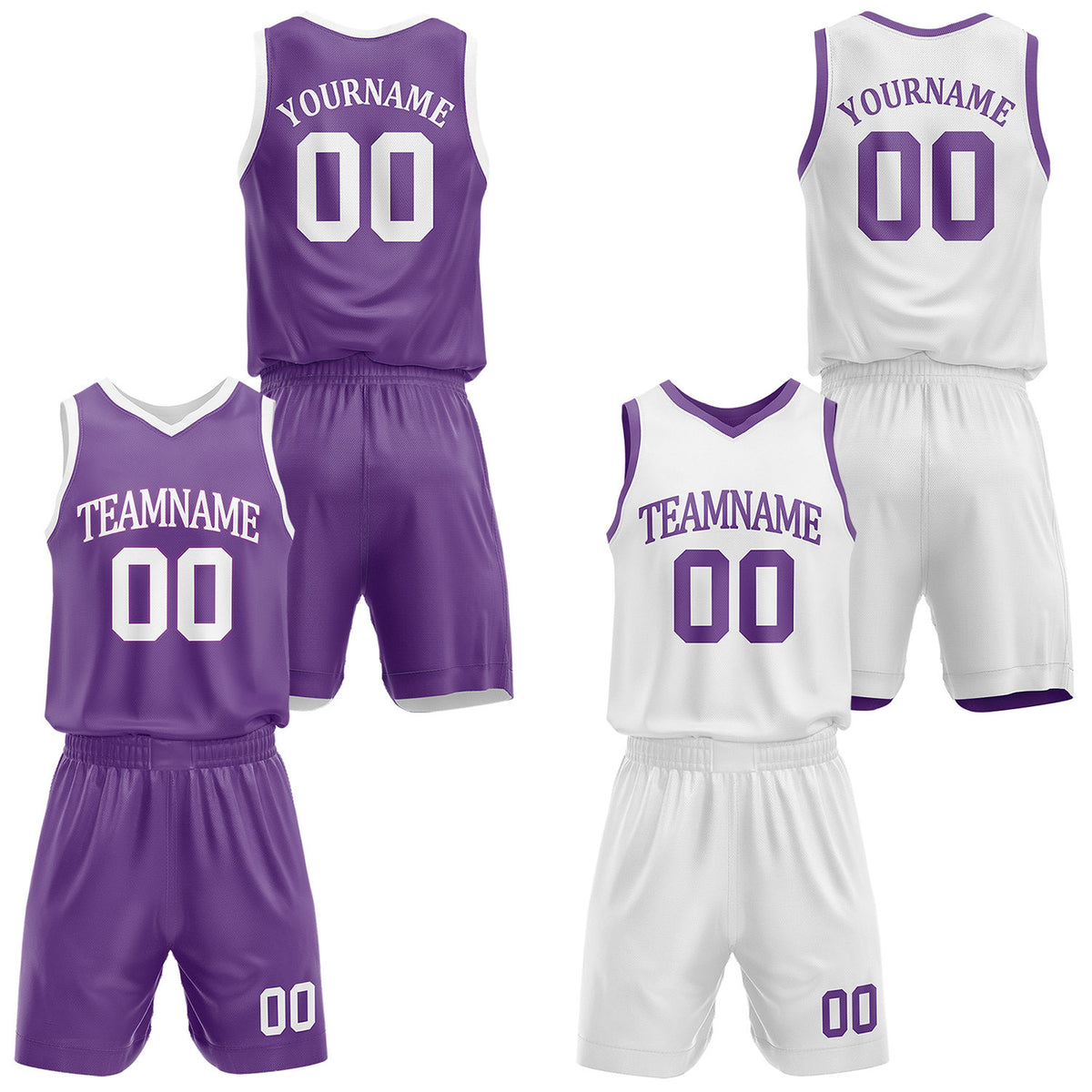 Custom reversible purple &amp; white basketball uniform set, personalized with team name number and logo, sports jersey and shorts for men women youth game practice - Vosoli