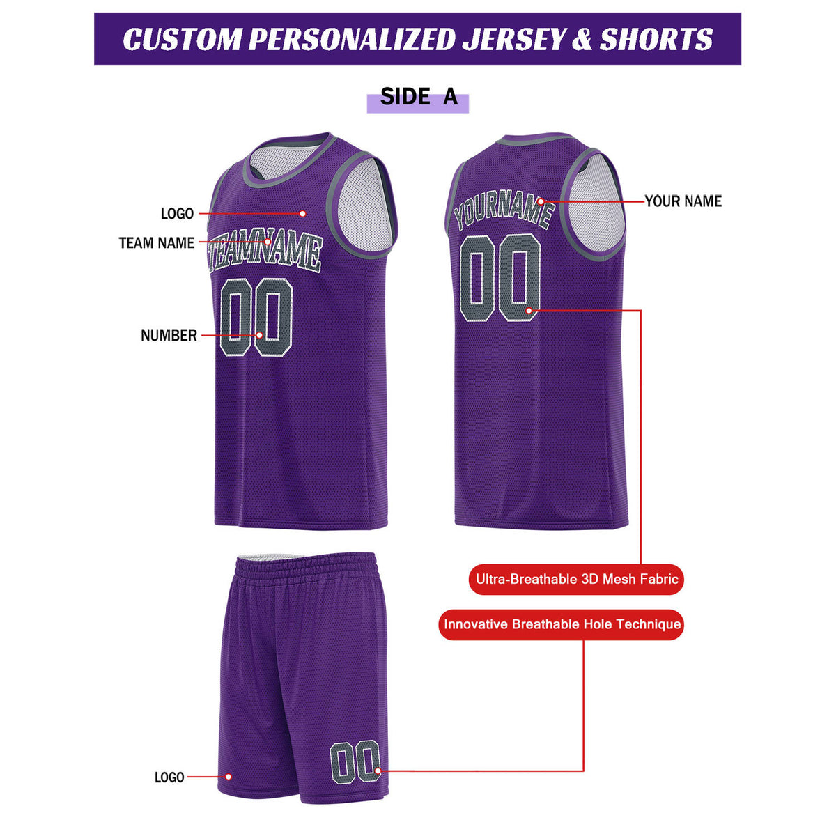 Custom Reversible Purple & White Basketball Uniform Set | Personalized for Team Sports Practice - Vosoli
