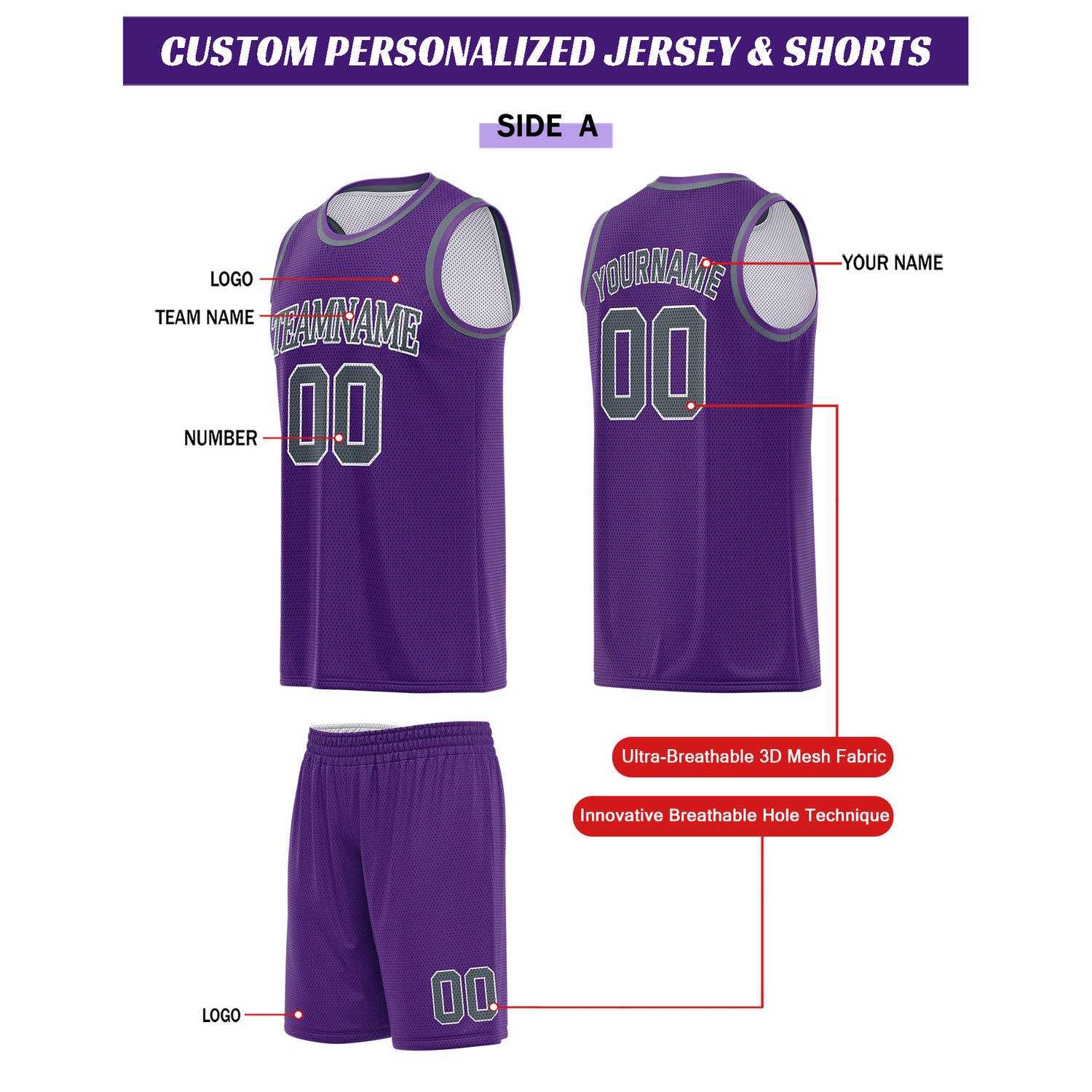 Custom Reversible Purple & White Basketball Uniform Set | Personalized for Team Sports Practice - Vosoli