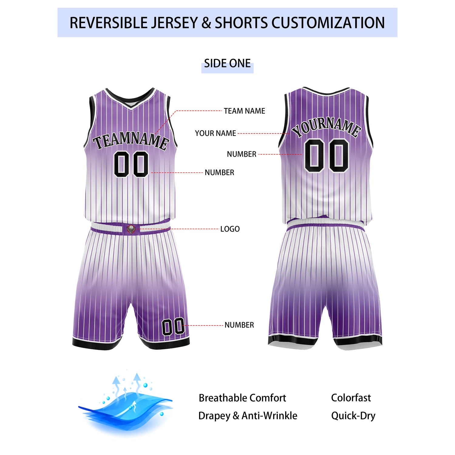 Custom Reversible Purple White Gradient Striped Basketball Uniform Set | Team & Player Name - Vosoli