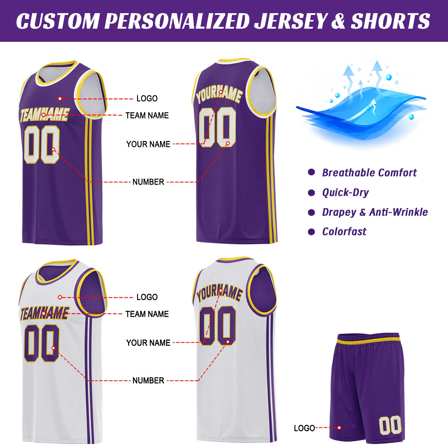 Custom Reversible Purple & White Basketball Uniform | Jersey & Shorts Set - Vosoli
