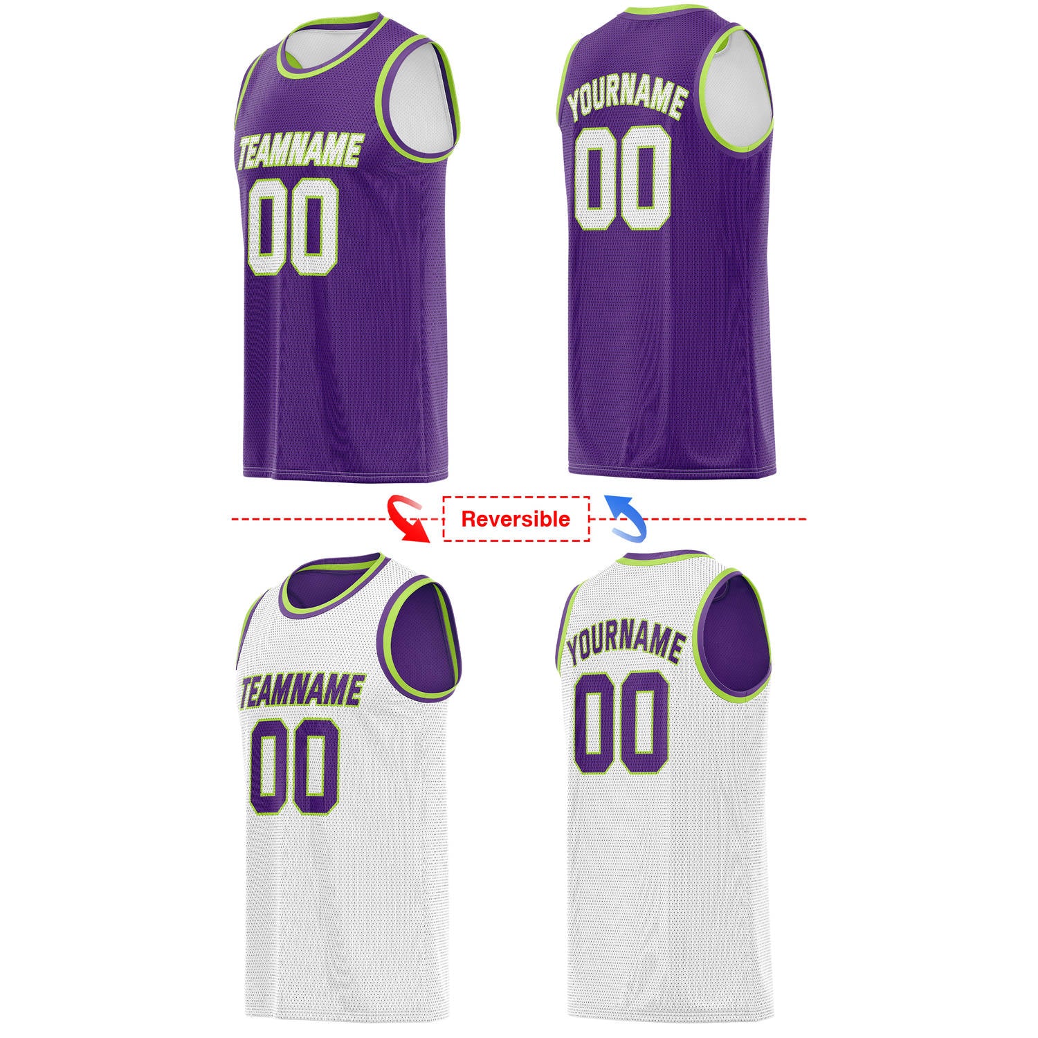 Custom reversible purple white basketball jersey, personalized team name number Logo breathable Mesh sports top for men women youth game practice - Vosoli