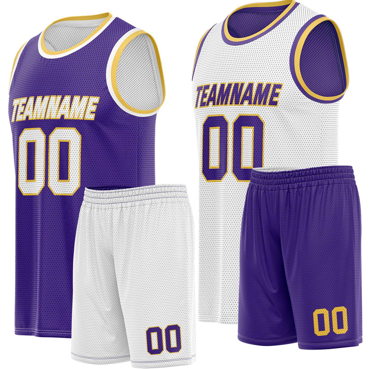 Custom reversible purple & white basketball uniform, personalized team name number Logo breathable Mesh sports set for men women youth Adult game practice - Vosoli