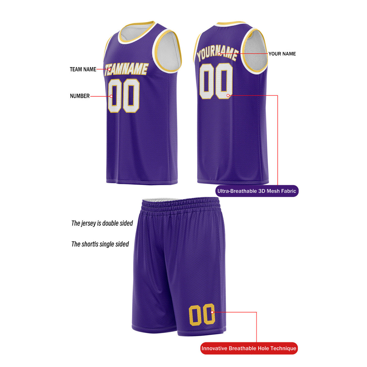 Custom Reversible Purple & White Basketball Uniform (Jersey + Shorts) | Personalized Team Set | Vosoli