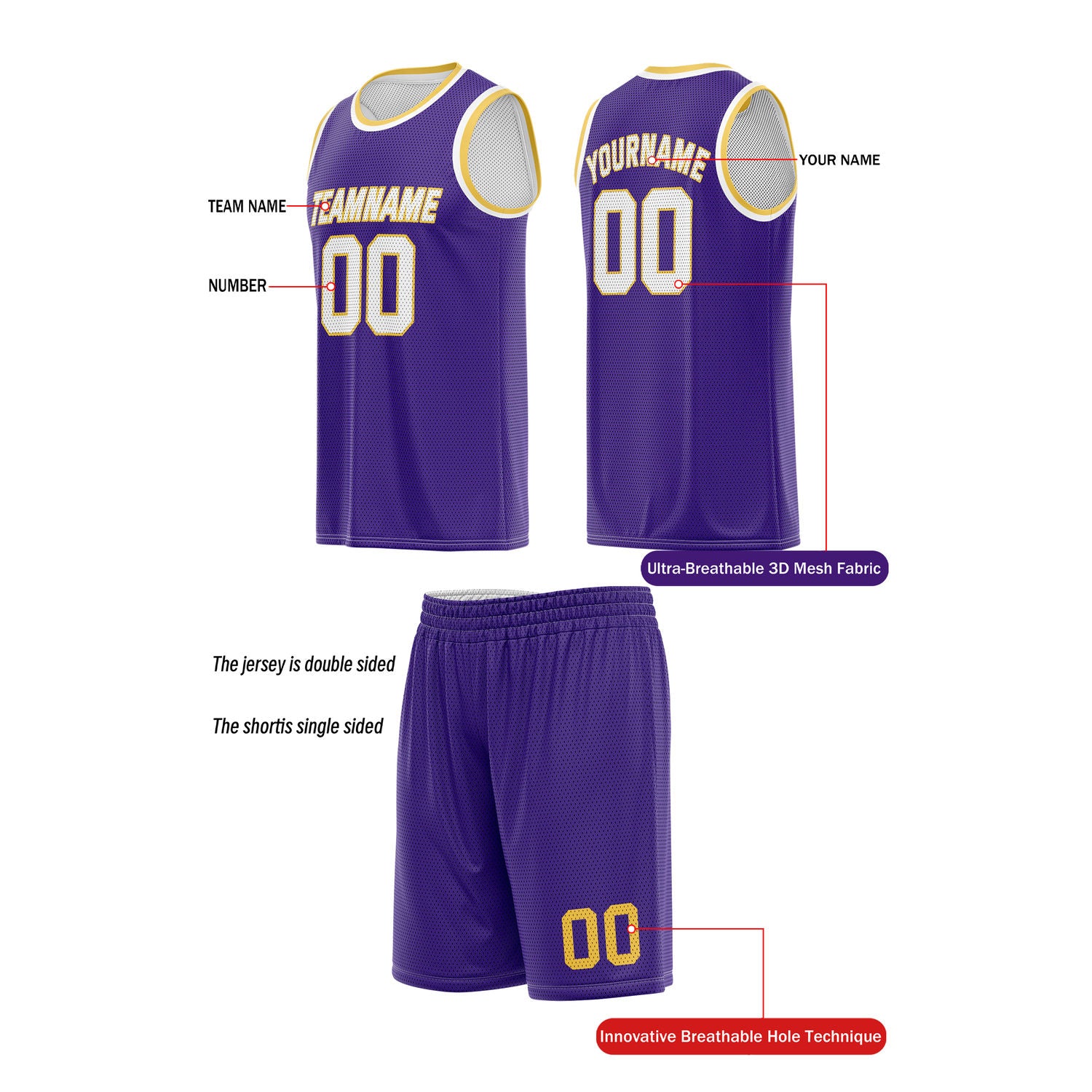 Custom Reversible Purple & White Basketball Uniform (Jersey + Shorts) | Personalized Team Set | Vosoli