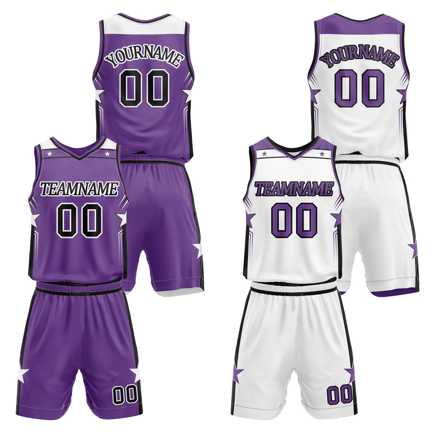 Custom reversible purple & white basketball uniform set, personalized with team name number and logo, breathable mesh fabric for men women youth game practice - Vosoli