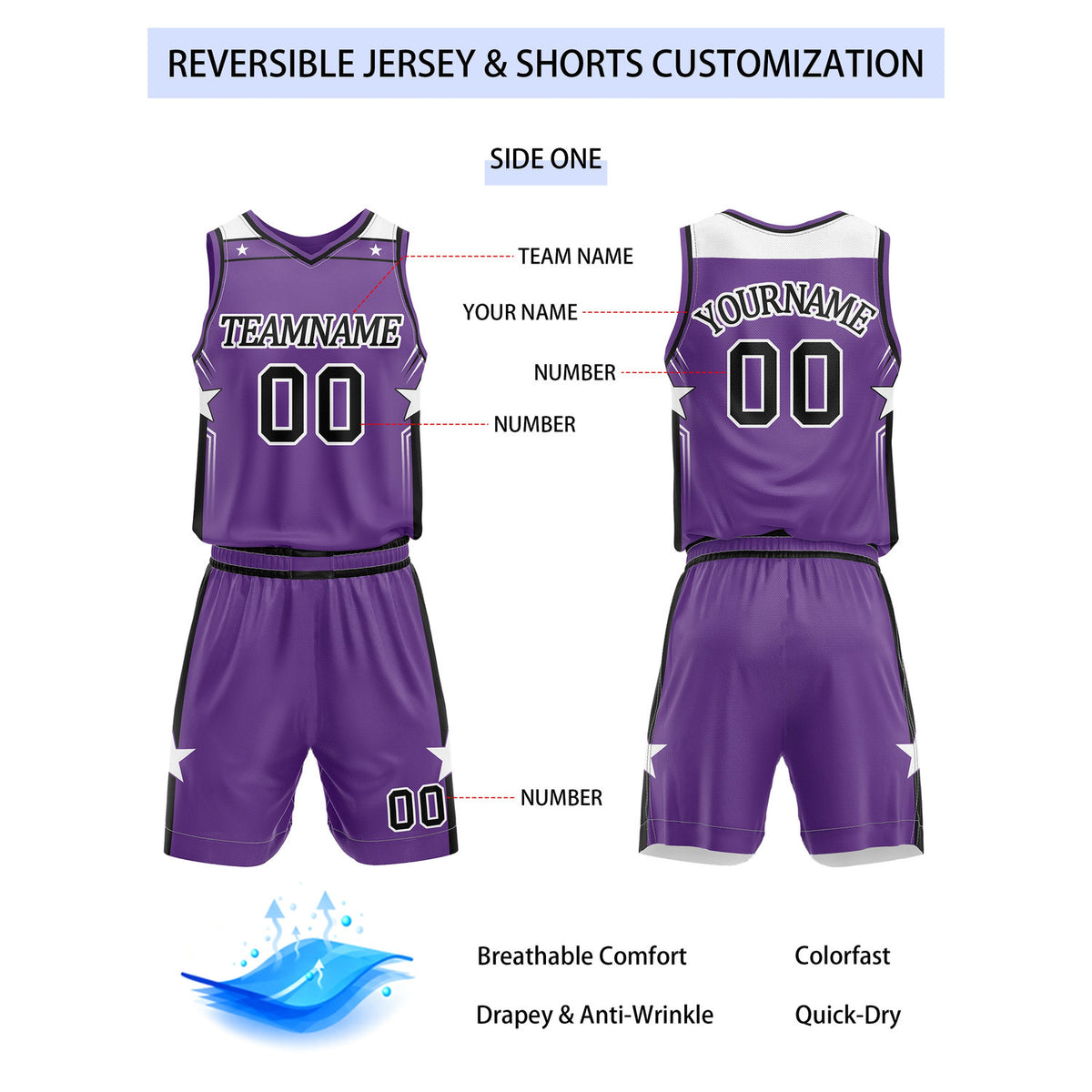 Custom Reversible Purple White Star Basketball Uniform Set | Team Name & Number - Vosoli