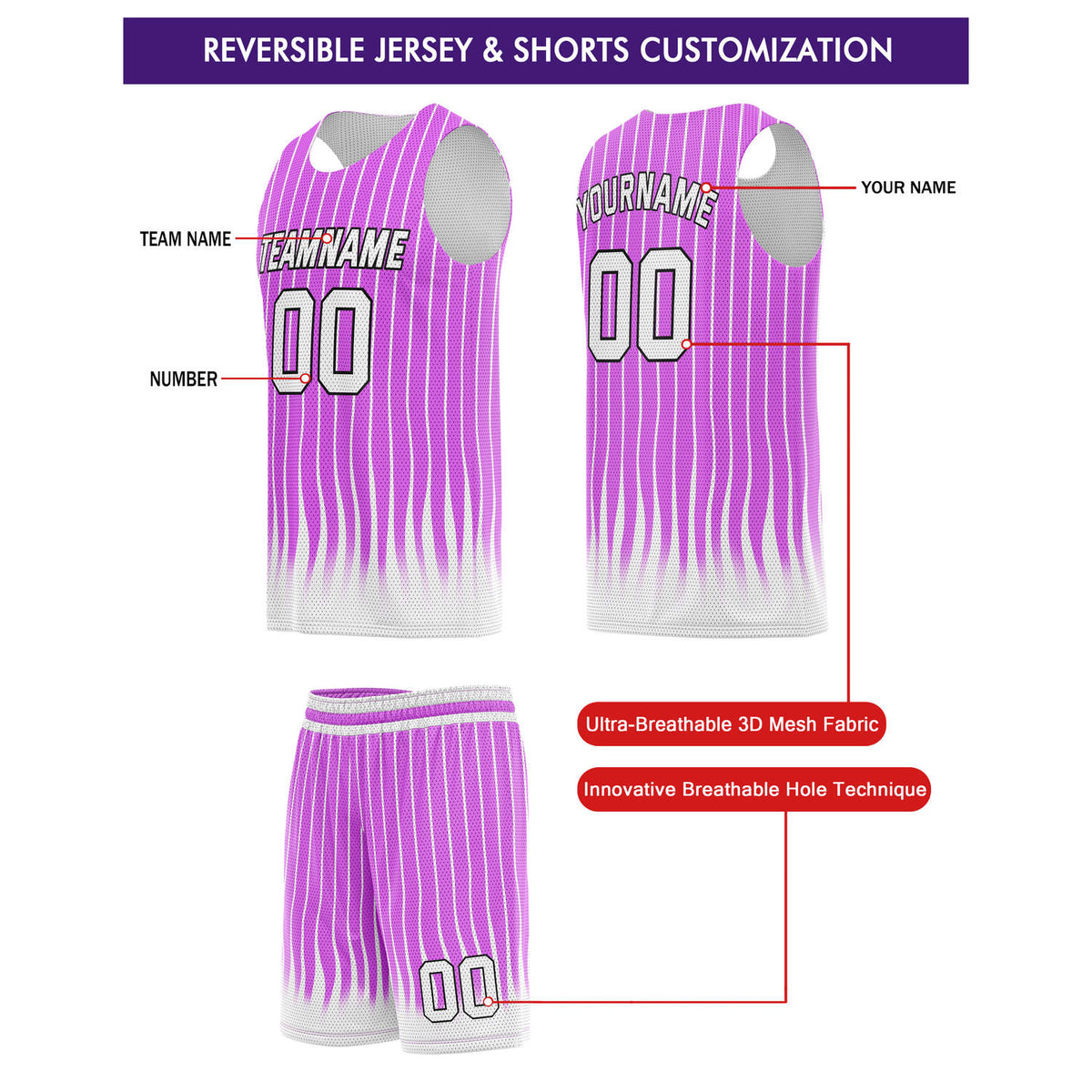 Custom Reversible Basketball Jersey + Shorts Set (Purple & White Stripe) - Personalized Team Name, Number & LOGO | Vosoli