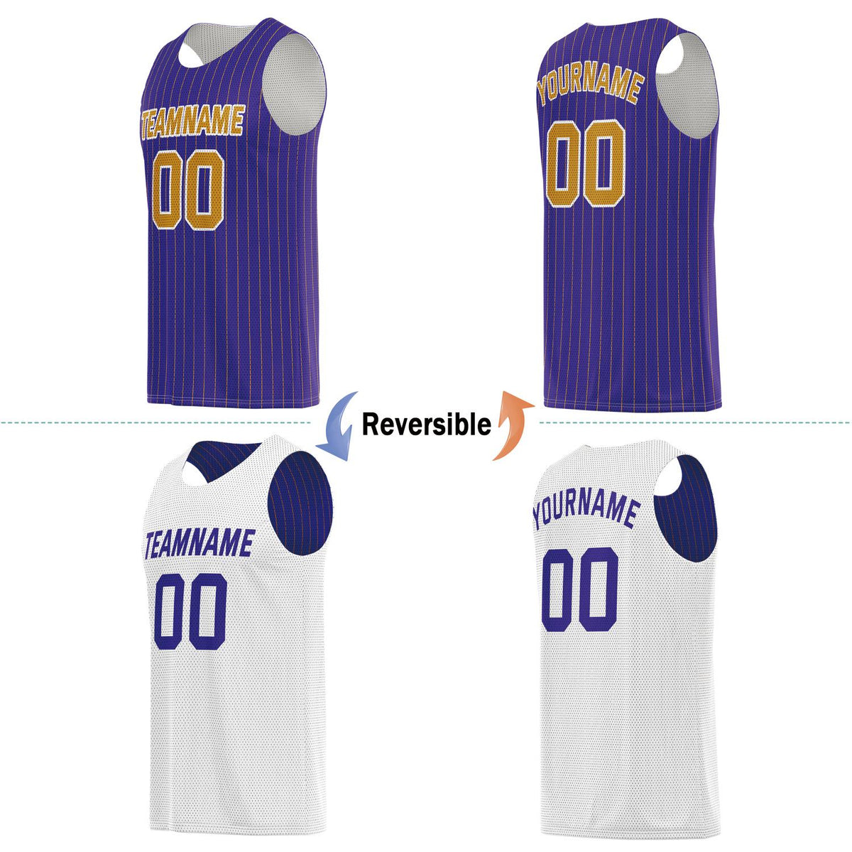 Custom Reversible Purple White Striped Basketball Jersey | Personalized Team Name, Number & LOGO | Vosoli