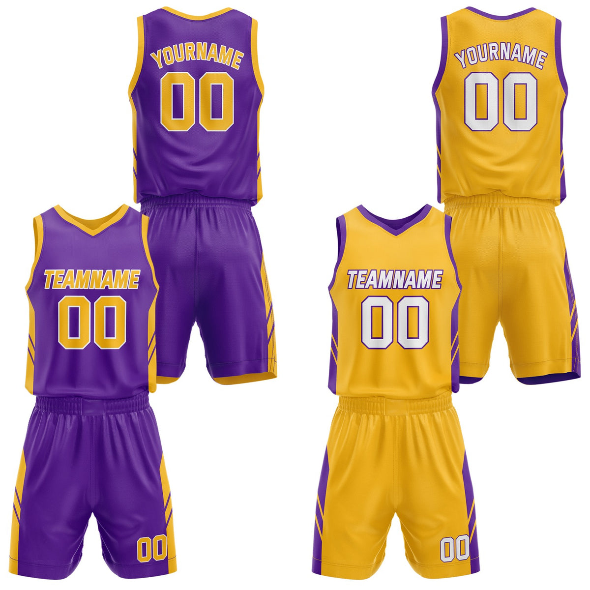 Custom Reversible Purple Gold Basketball Jersey and Shorts Set, Personalized Team Name Number Breathable Mesh Uniform for Men Women Youth