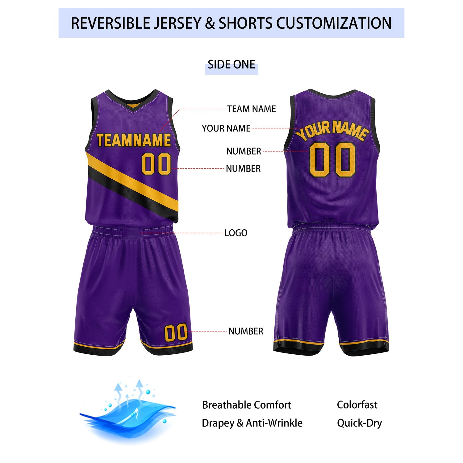Custom Reversible Purple Yellow Basketball Uniform Set | Team & Player Name - Vosoli