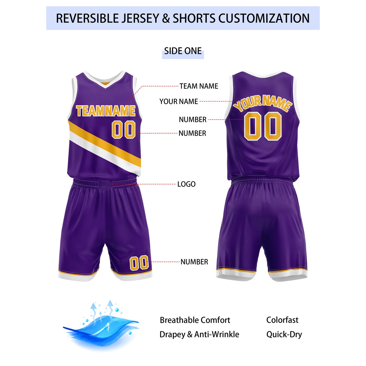 Custom Reversible Purple Yellow Basketball Uniform Set | Team & Player Name - Vosoli