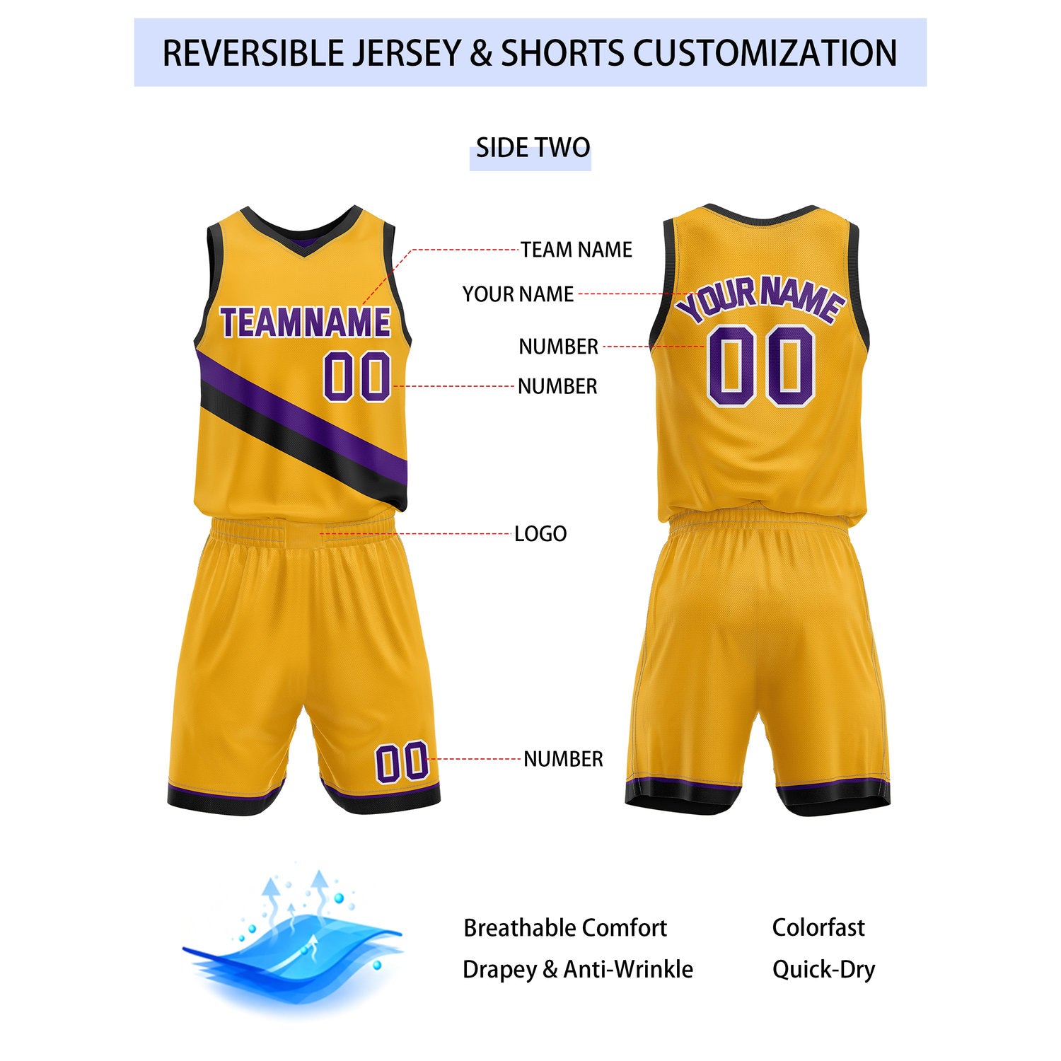 Custom Reversible Purple Yellow Basketball Uniform Set | Team & Player Name - Vosoli