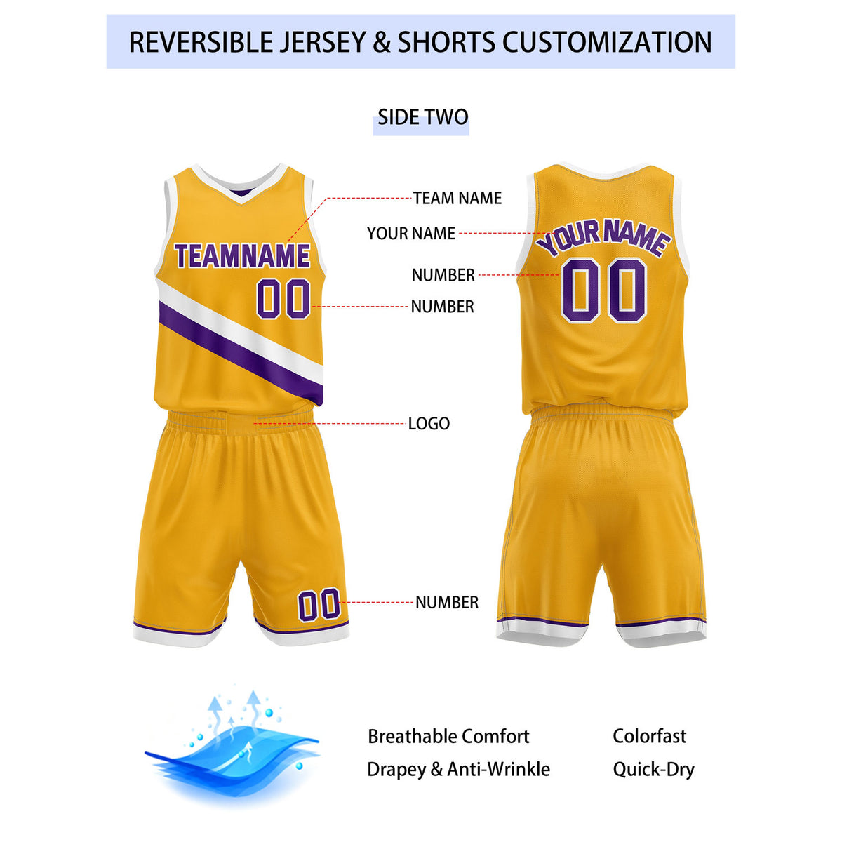 Custom Reversible Purple Yellow Basketball Uniform Set | Team & Player Name - Vosoli