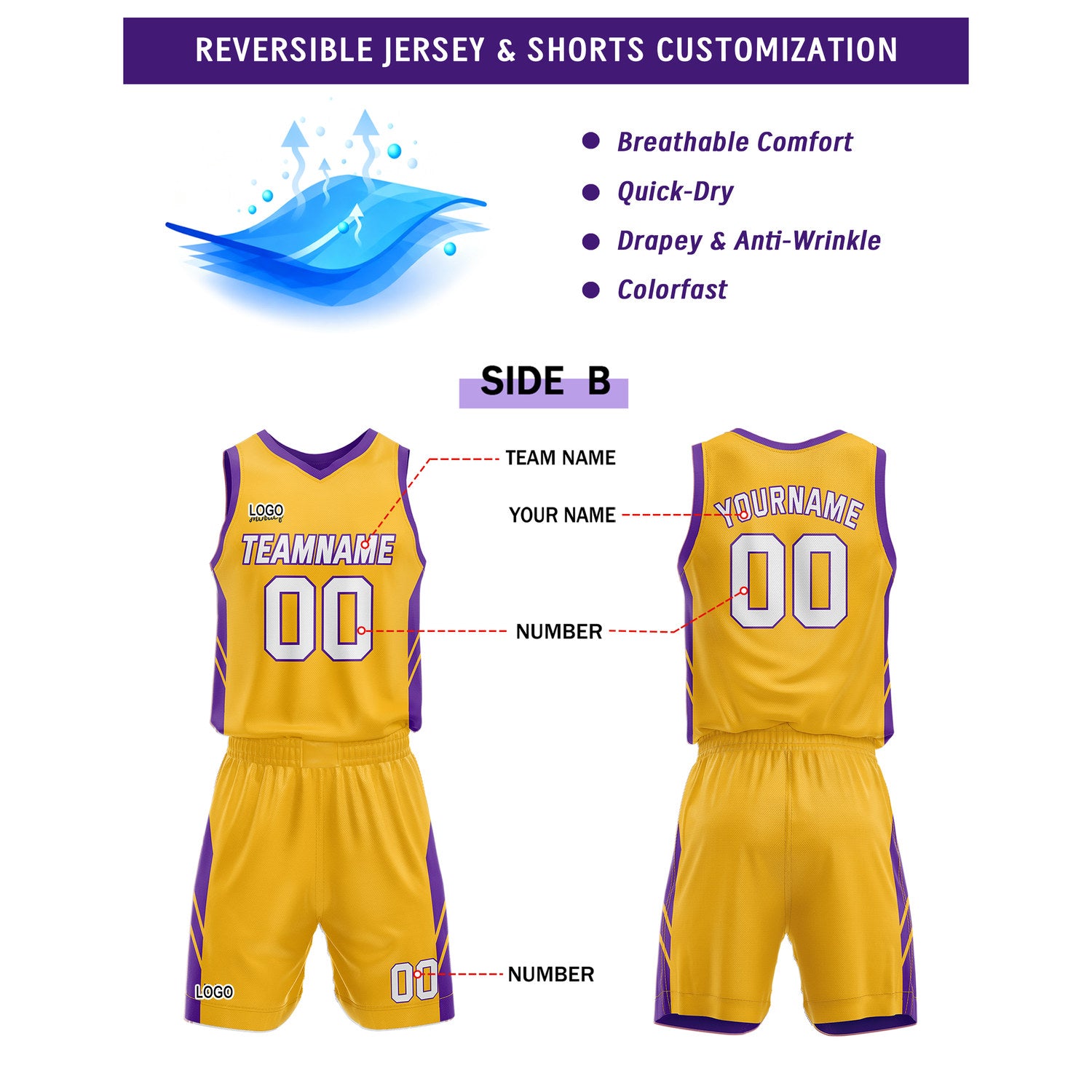 Custom Purple Yellow Basketball Uniforms for Youth & Adults - Reversible Jersey Set - Vosoli