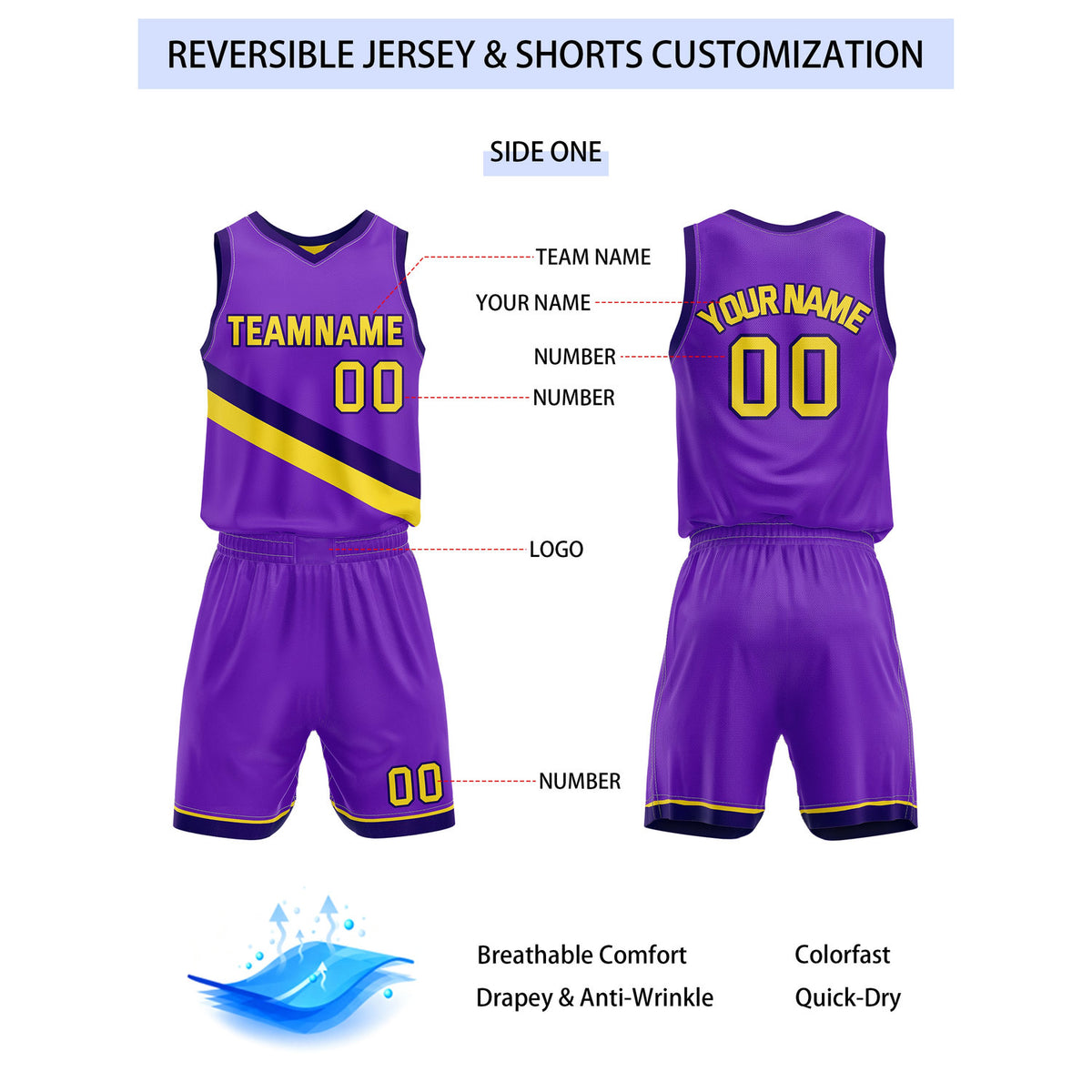 Custom Reversible Purple Yellow White Basketball Uniform Set | Team & Player Name - Vosoli