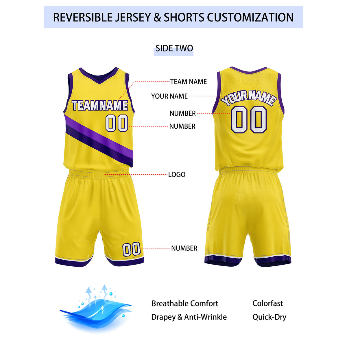 Custom Reversible Purple Yellow White Basketball Uniform Set | Team & Player Name - Vosoli