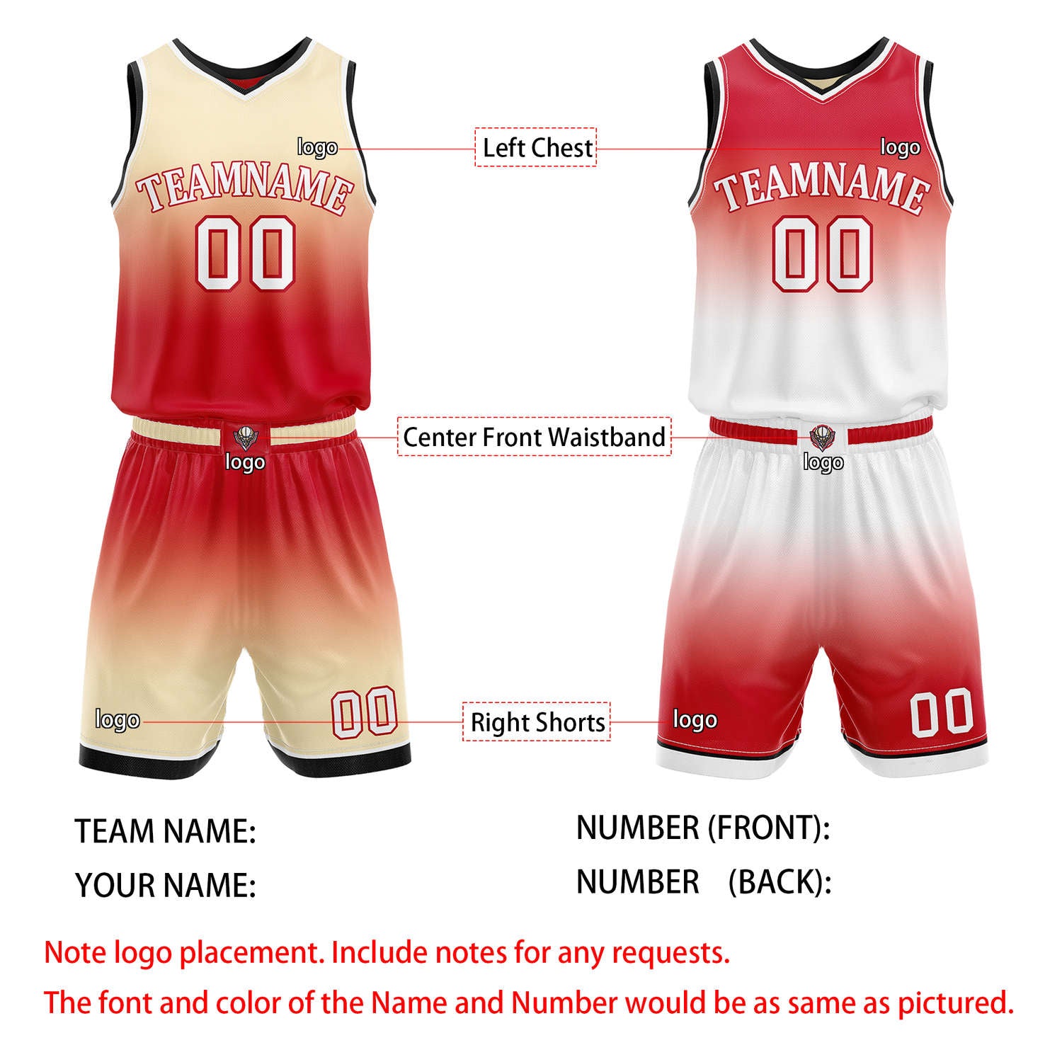 Custom Reversible Red Beige White Gradient Basketball Uniform Set | Team & Player Name - Vosoli