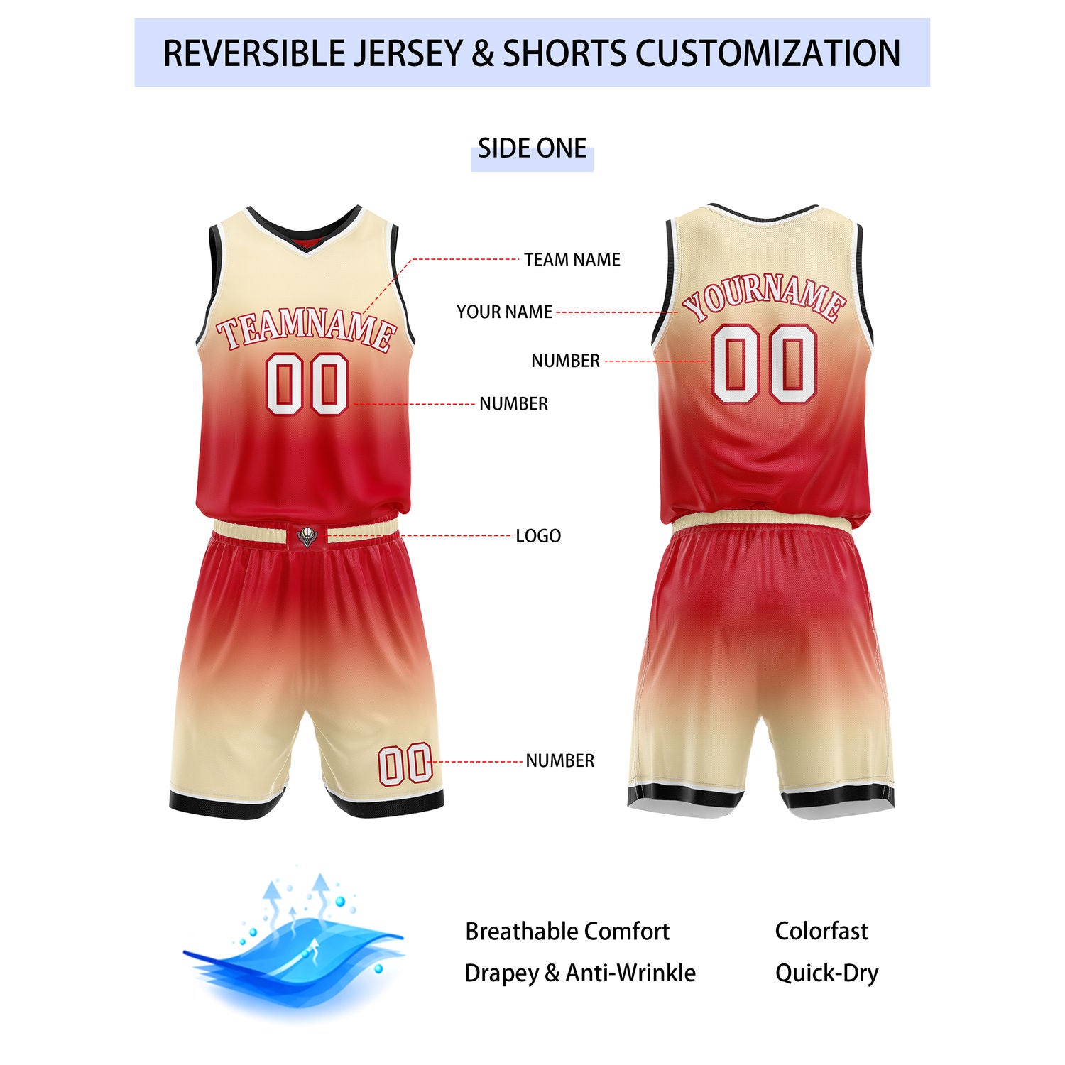 Custom Reversible Red Beige White Gradient Basketball Uniform Set | Team & Player Name - Vosoli