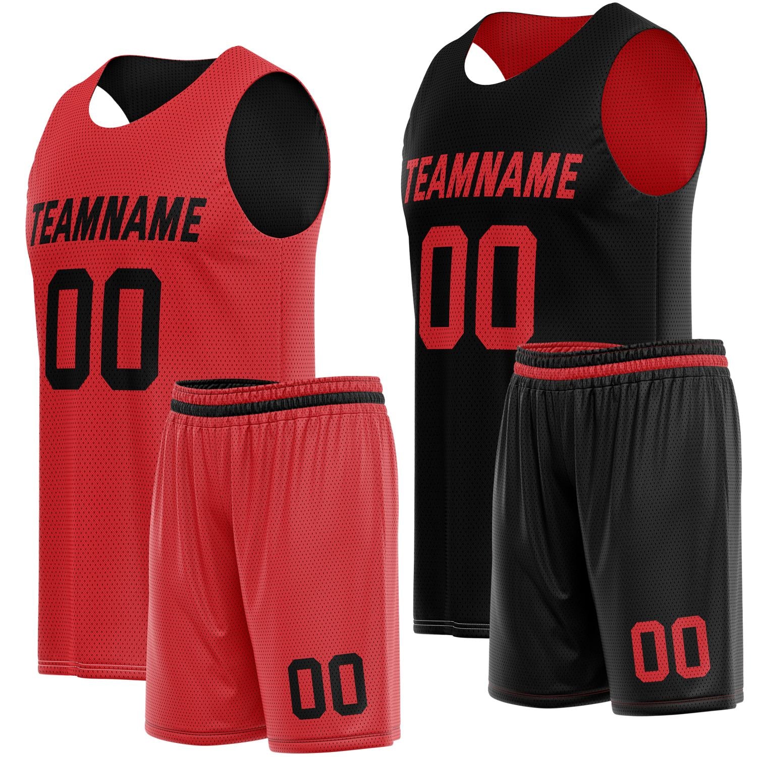 Custom Reversible Red Black Basketball Jersey Shorts Set, Personalized Team Name Number Breathable Mesh Uniform for Men Women Youth