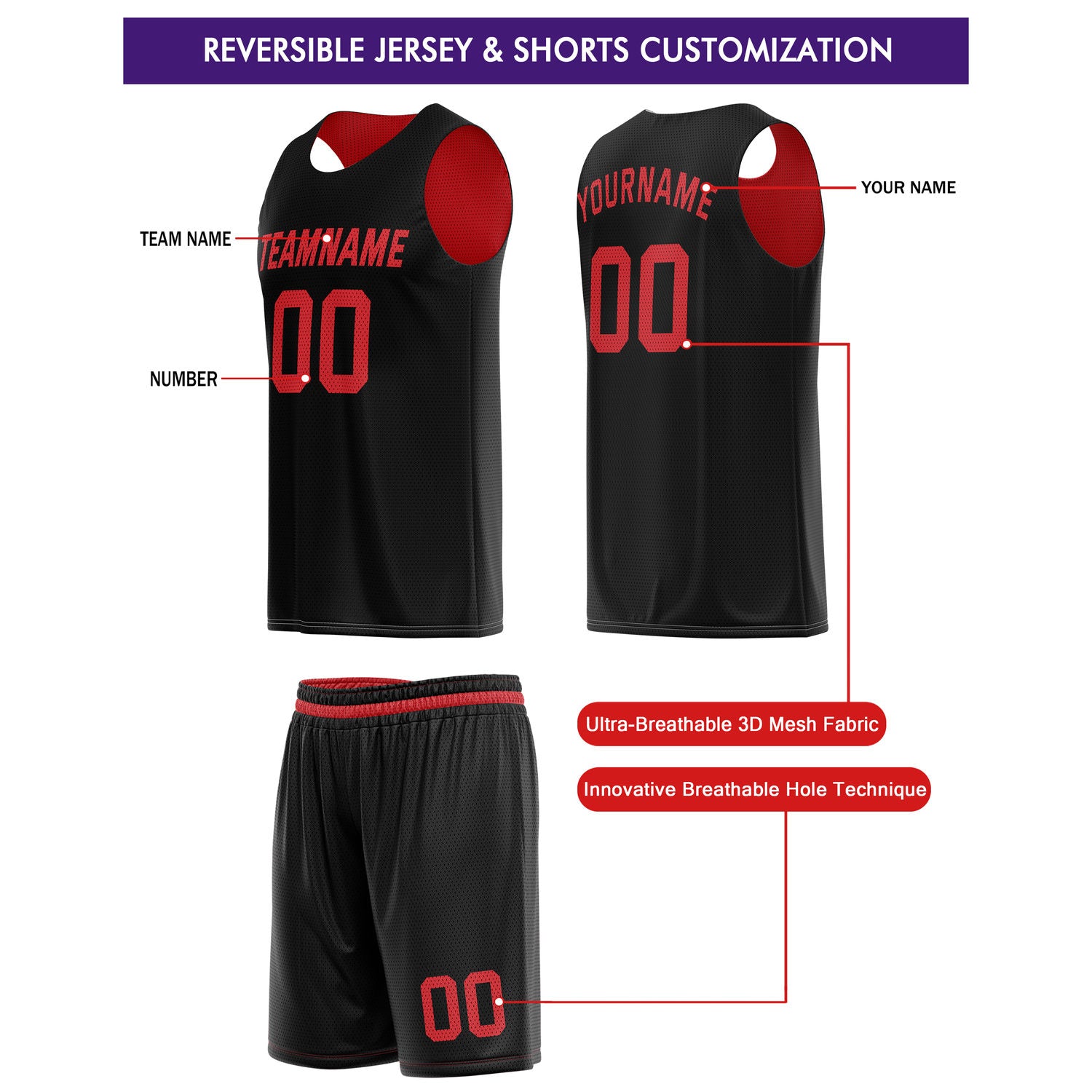 Custom Reversible Red Black Basketball Jersey & Shorts Set | Personalized Team Kit | Vosoli