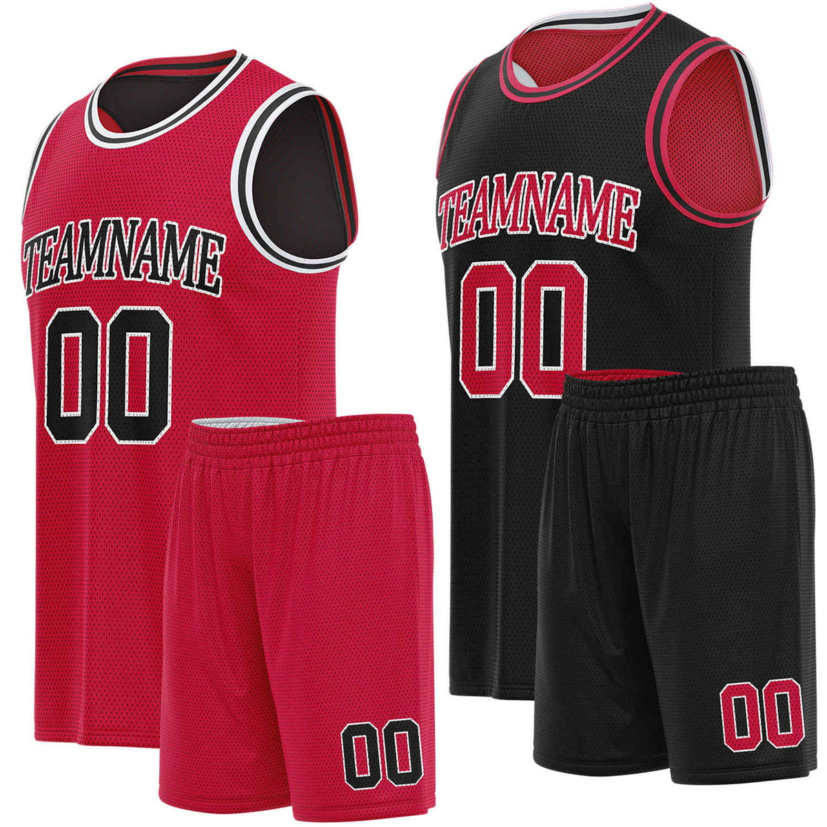 Custom reversible red &amp; black basketball uniform set, personalized team name number logo breathable mesh sports jersey and shorts for men women youth game practice - Vosoli