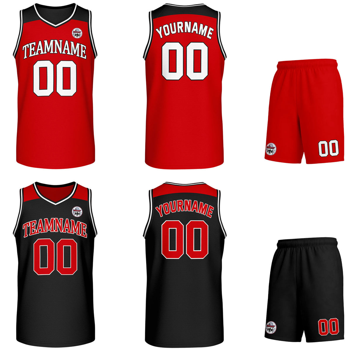 Custom reversible red &amp; black basketball uniform set, personalized with team name number and logo, breathable mesh fabric for men women youth game practice - Vosoli