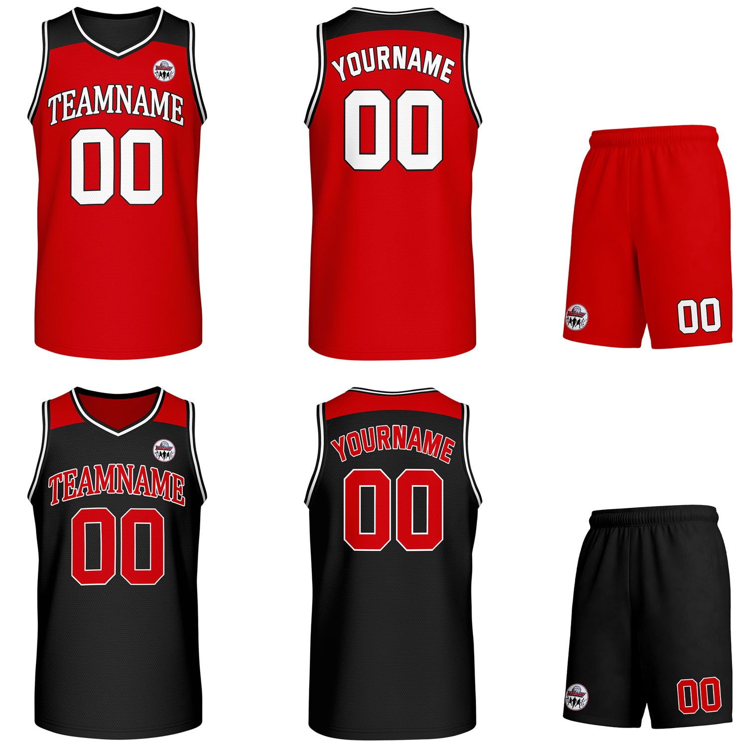 Custom reversible red & black basketball uniform set, personalized with team name number and logo, breathable mesh fabric for men women youth game practice - Vosoli
