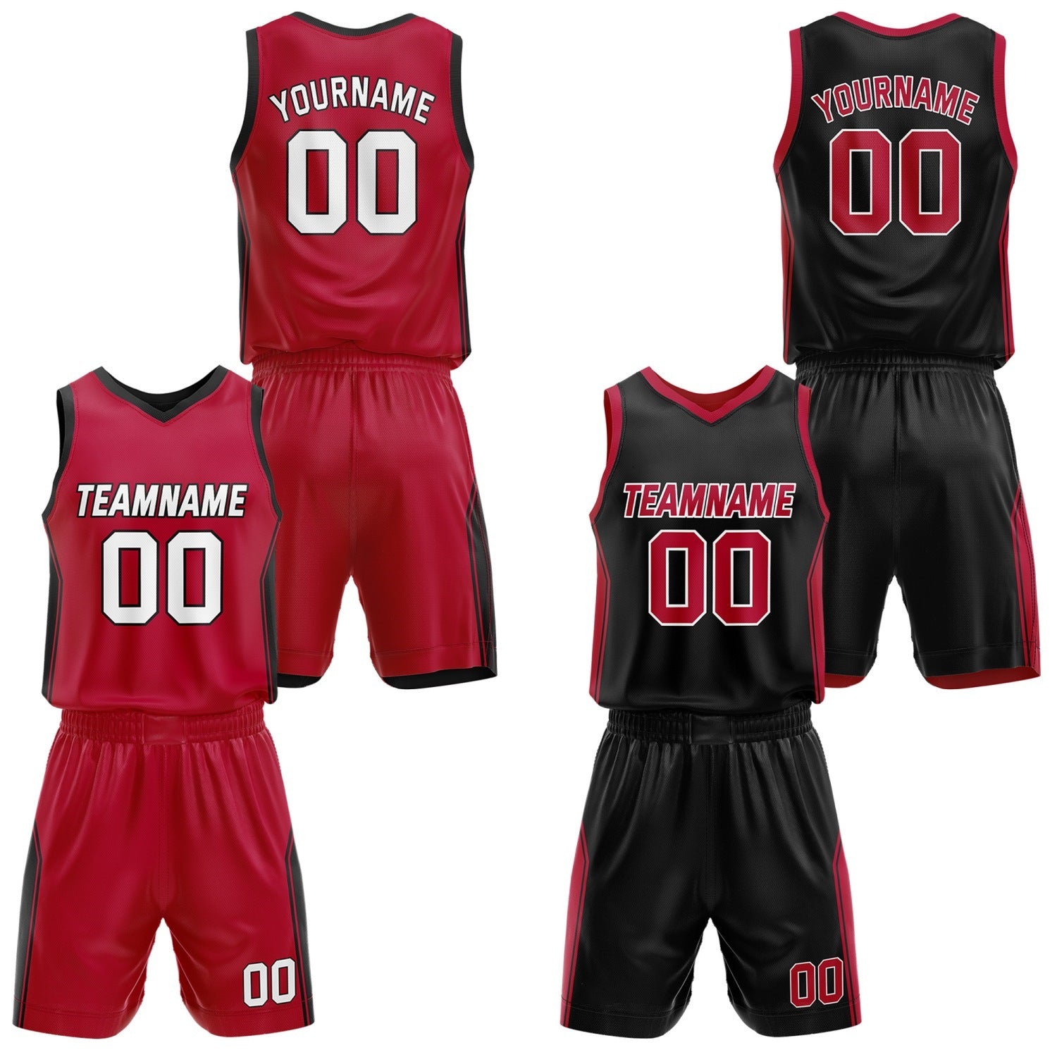 Custom Reversible Red Black Basketball Jersey and Shorts Set, Personalized Team Name Number Breathable Mesh Uniform for Men Women Youth