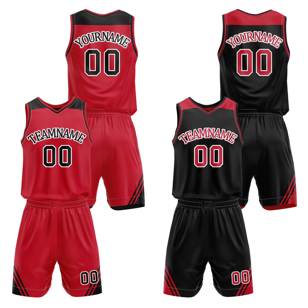 Custom reversible red &amp; black basketball uniform set, personalized with team name number and logo, breathable mesh fabric for men women youth game practice - Vosoli