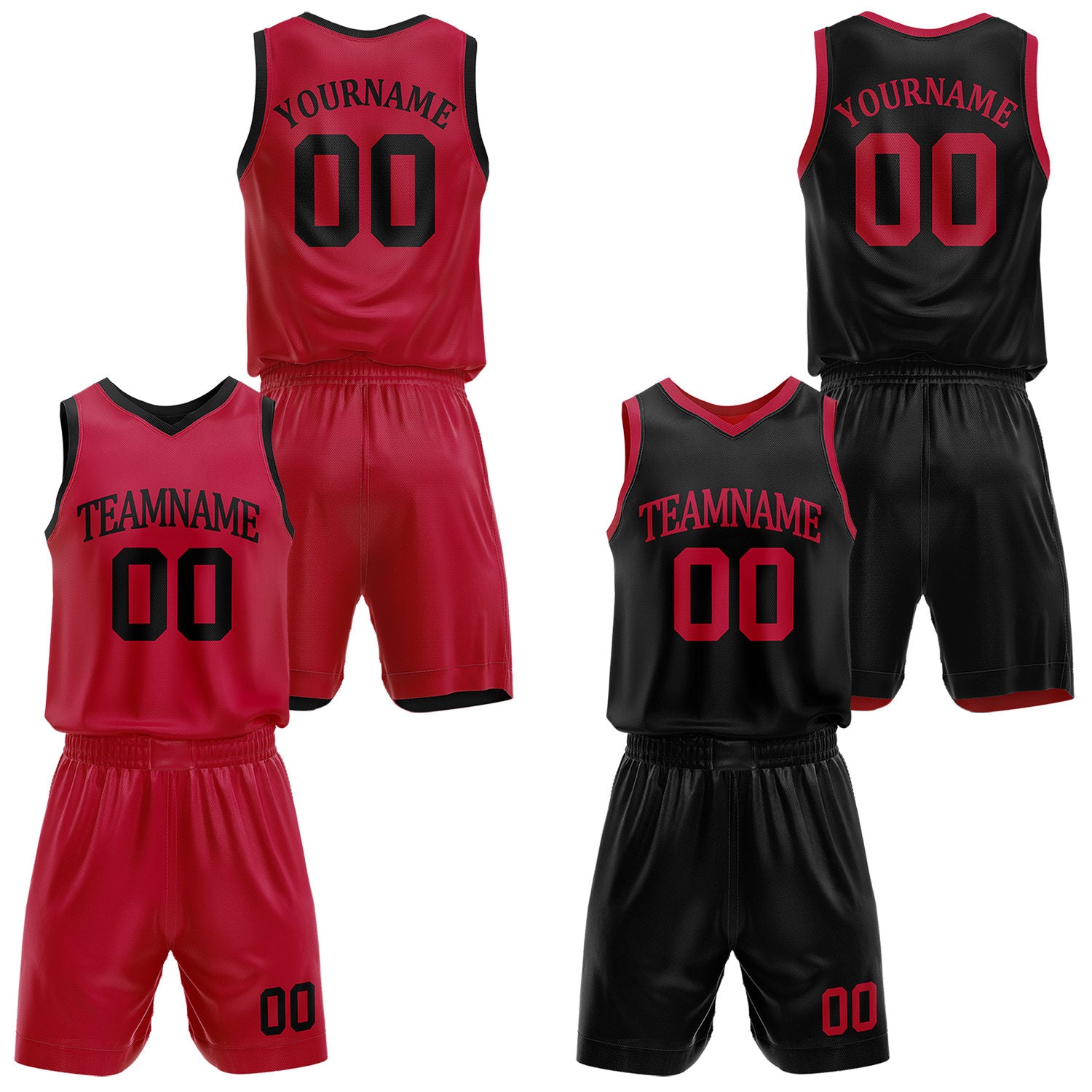 Custom reversible red & black basketball uniform set, personalized with team name number and logo, sports jersey and shorts for men women youth game practice - Vosoli