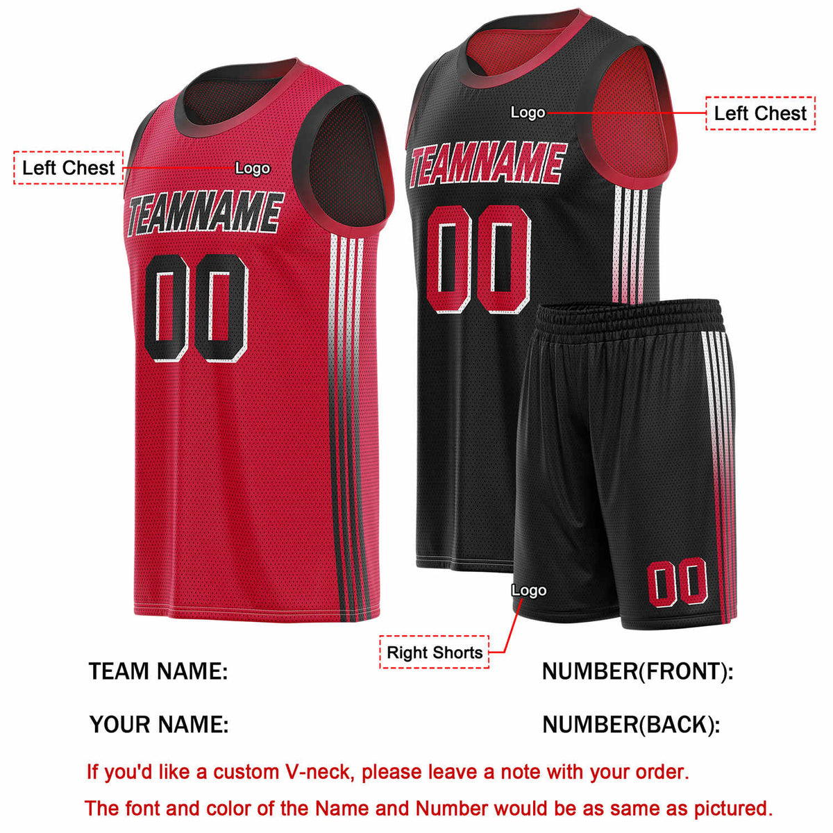 Custom Reversible Red Black Basketball Uniform Set | Team & Player Name - Vosoli
