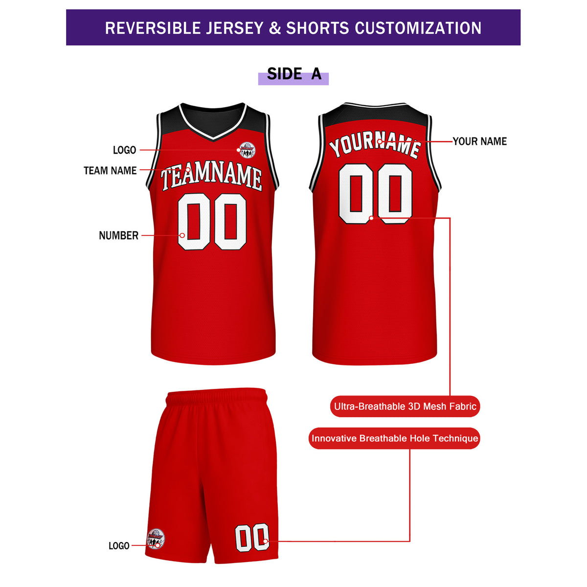 Custom Reversible Red Black Basketball Uniform Set | Team Name & Number - Vosoli
