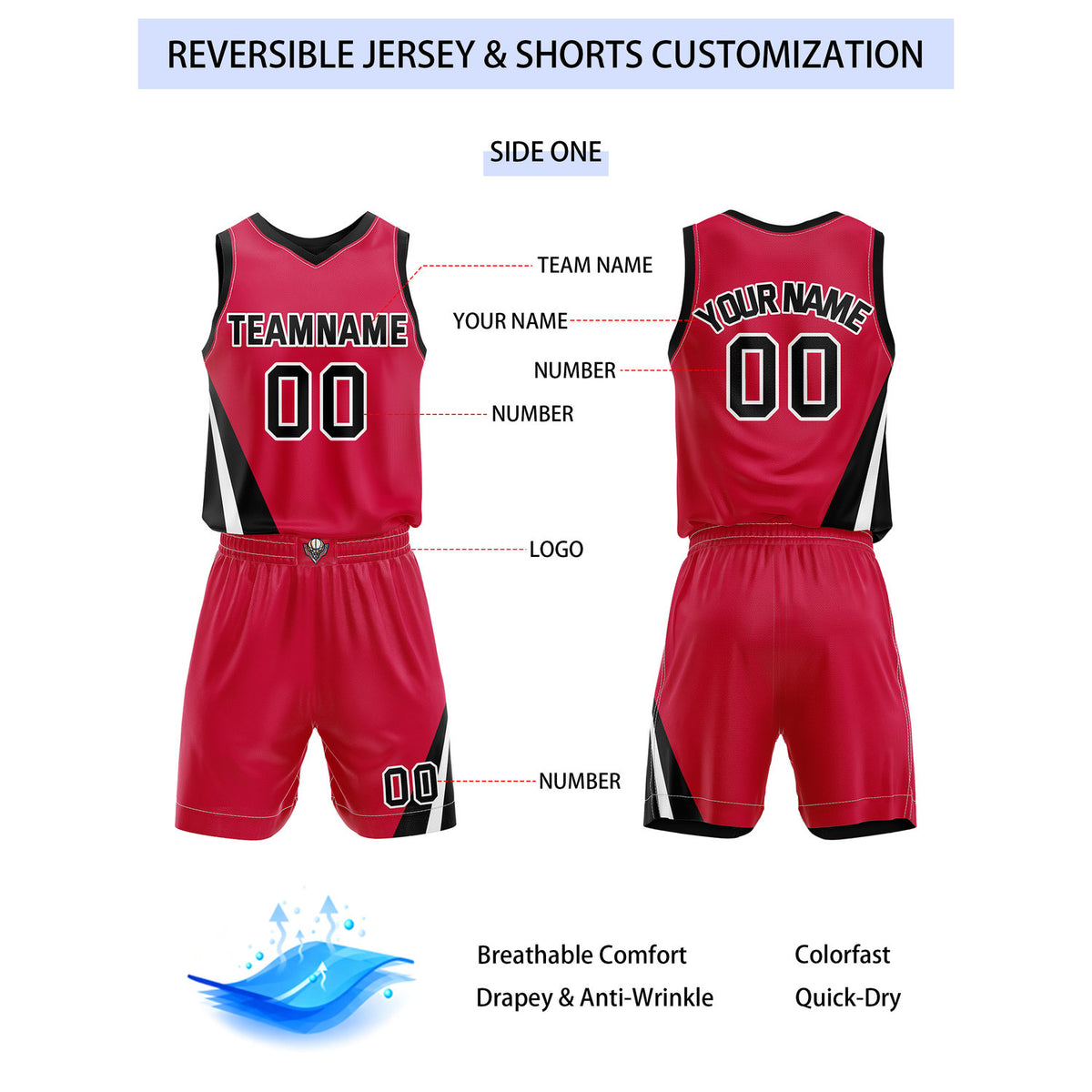 Custom Reversible Red Black Basketball Uniform Set | Team & Player Name - Vosoli
