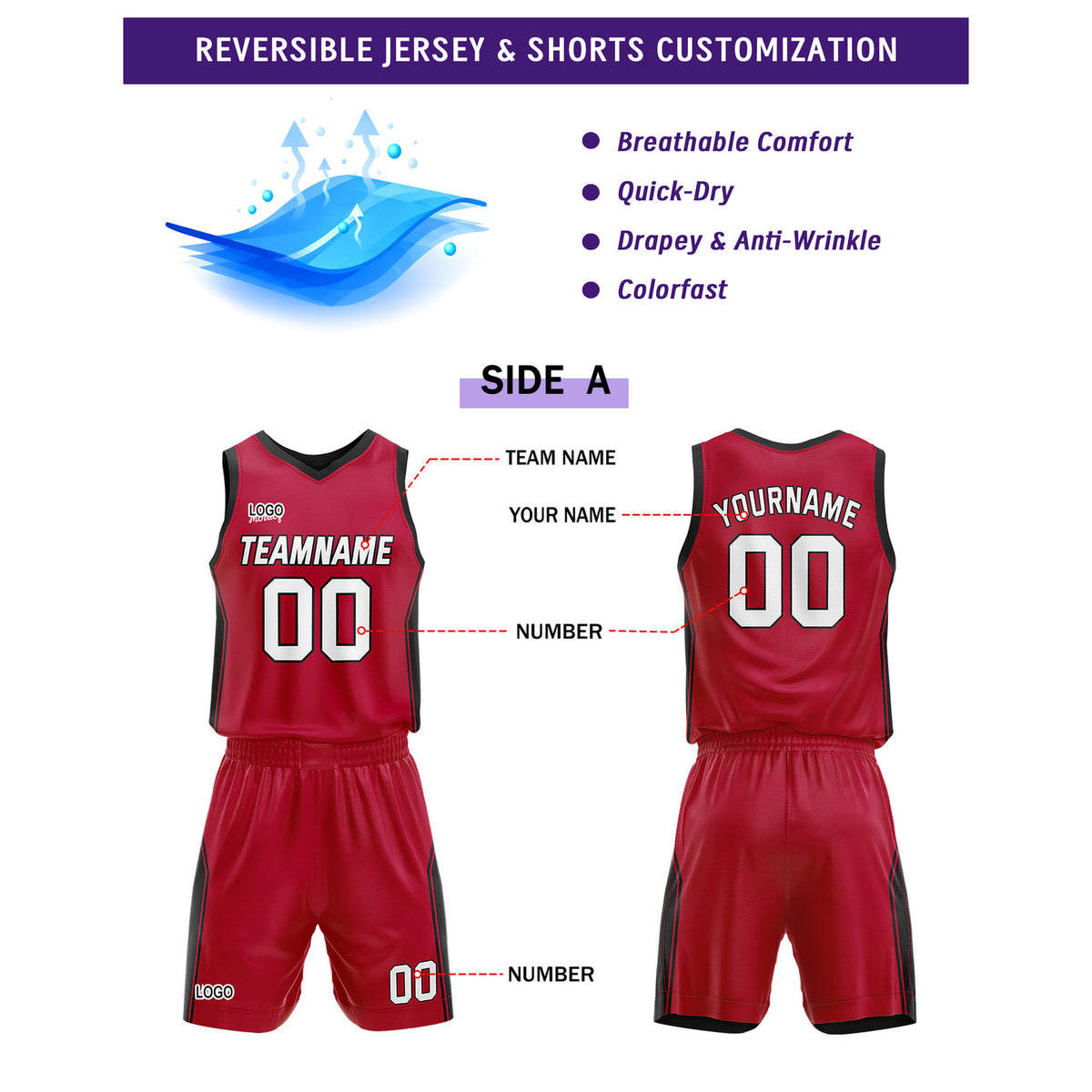 Custom Reversible Red Black Basketball Uniform Set | Personalized Name & Number - Vosoli