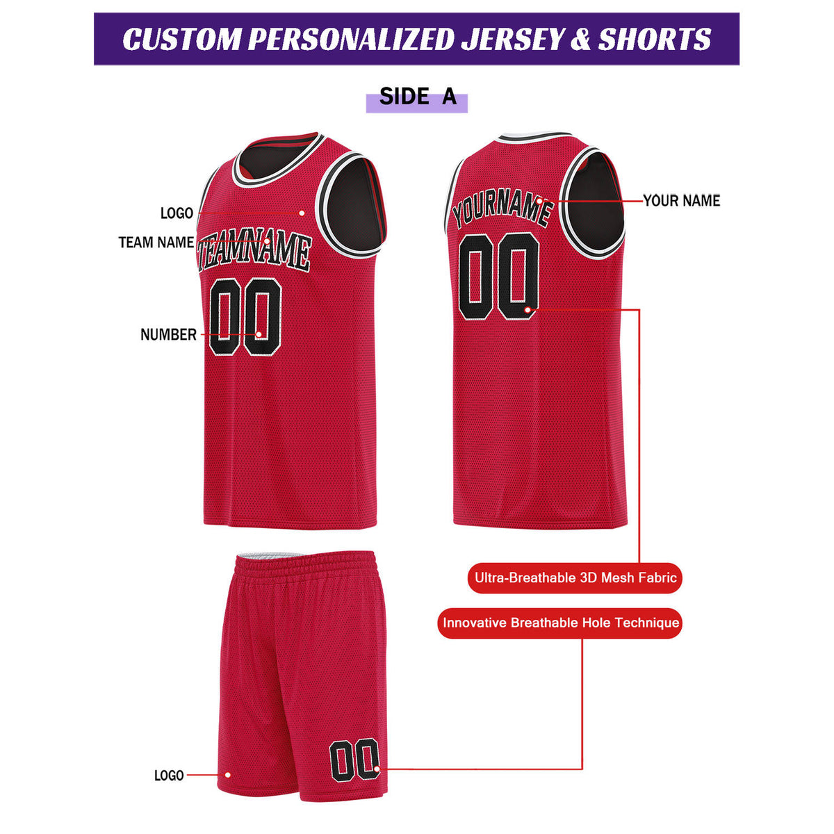 Custom Reversible Red & Black Basketball Uniform Set | Personalized for Team Sports Practice - Vosoli