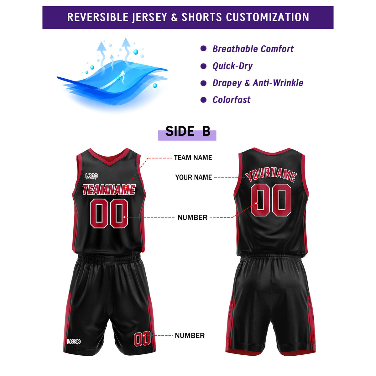 Custom Reversible Red Black Basketball Uniform Set | Personalized Name & Number - Vosoli
