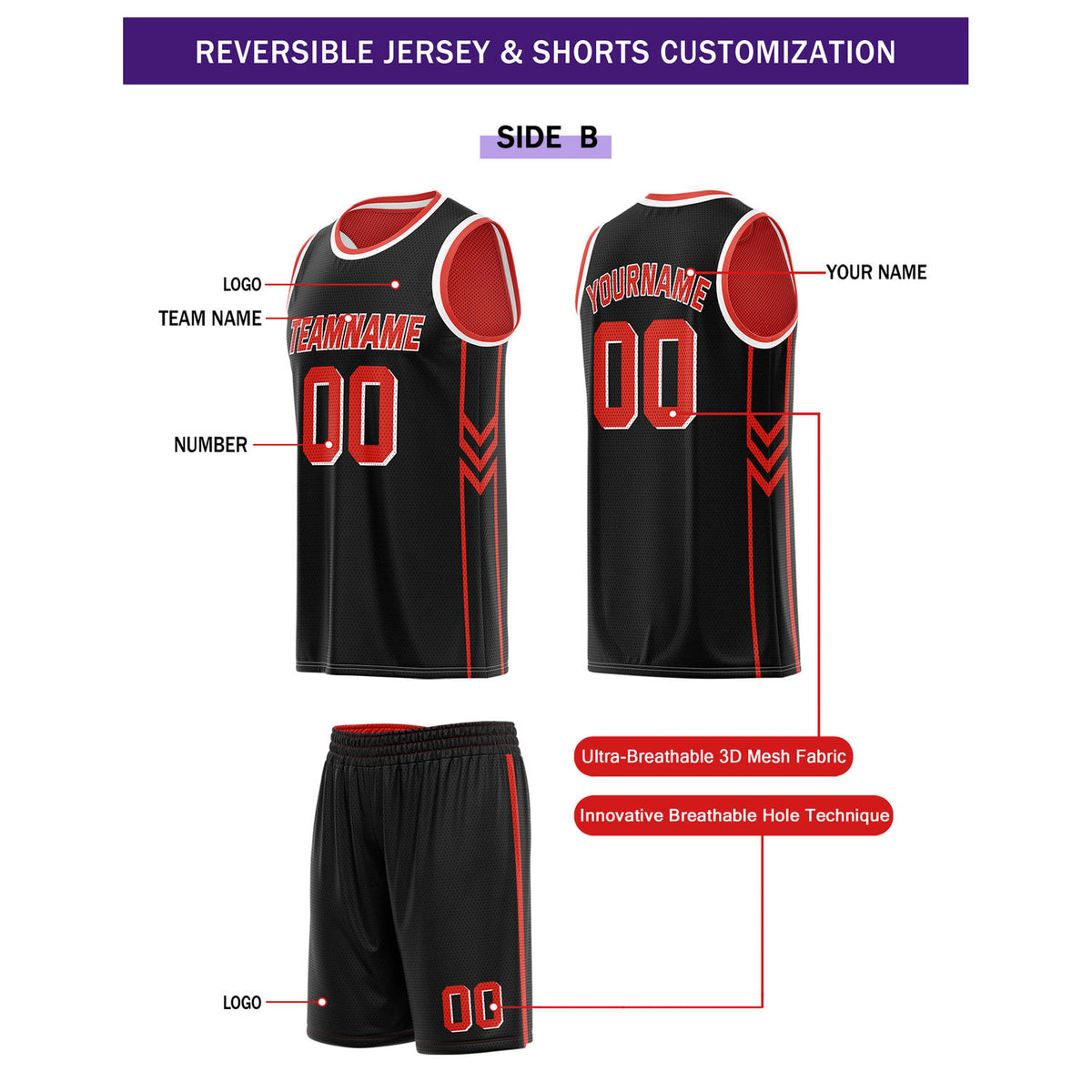 Custom Reversible Red Black Basketball Uniform Set | Team Name & Number - Vosoli