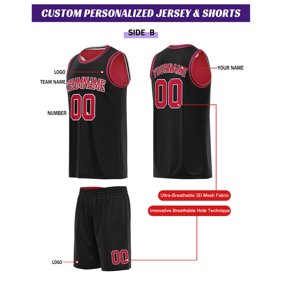 Custom Reversible Red & Black Basketball Uniform Set | Personalized for Team Sports Practice - Vosoli