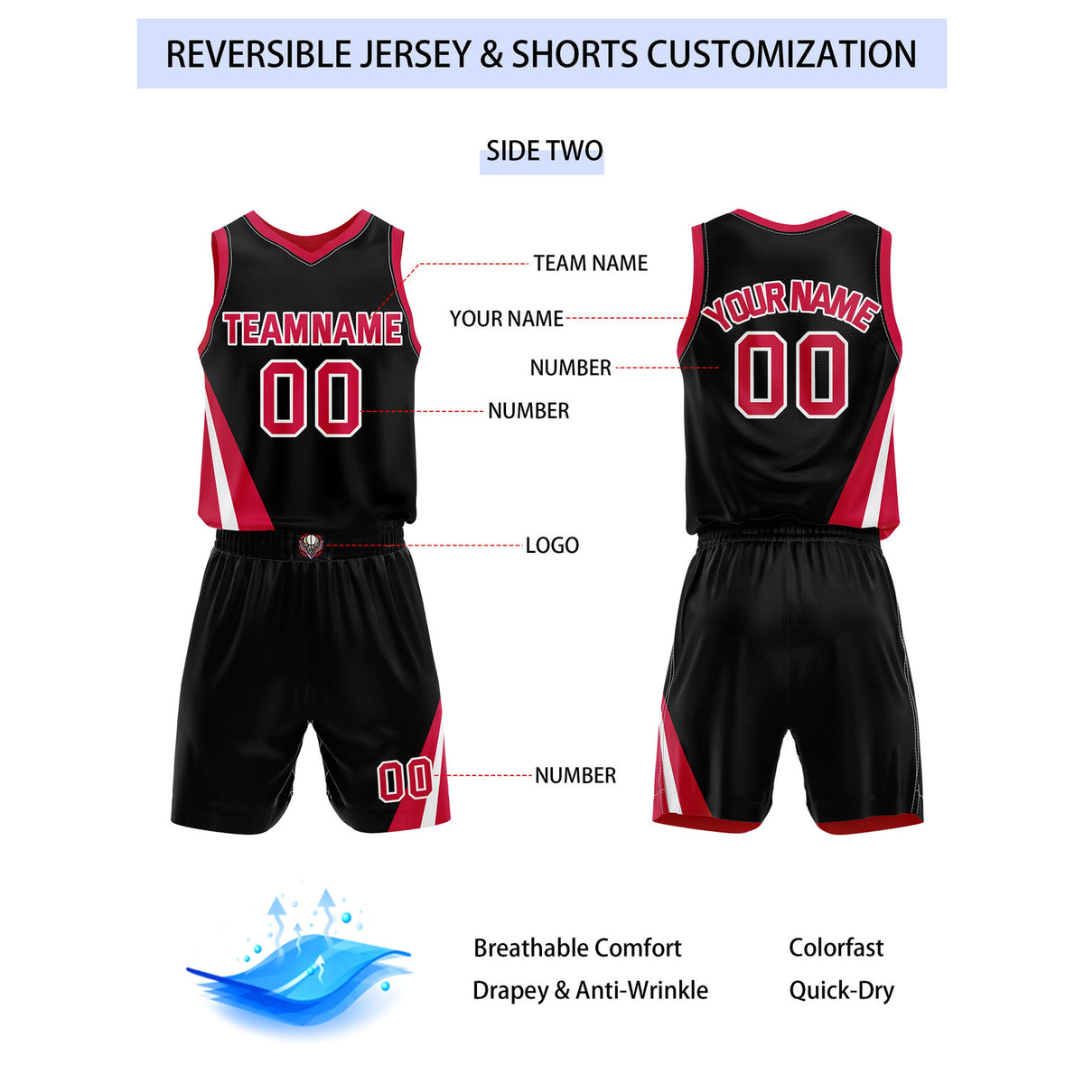 Custom Reversible Red Black Basketball Uniform Set | Team & Player Name - Vosoli