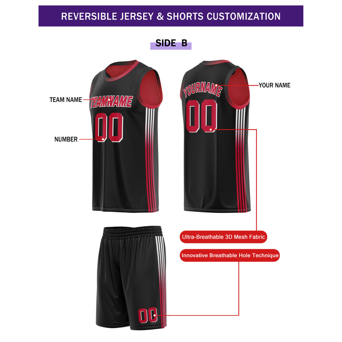 Custom Reversible Red Black Basketball Uniform Set | Team & Player Name - Vosoli