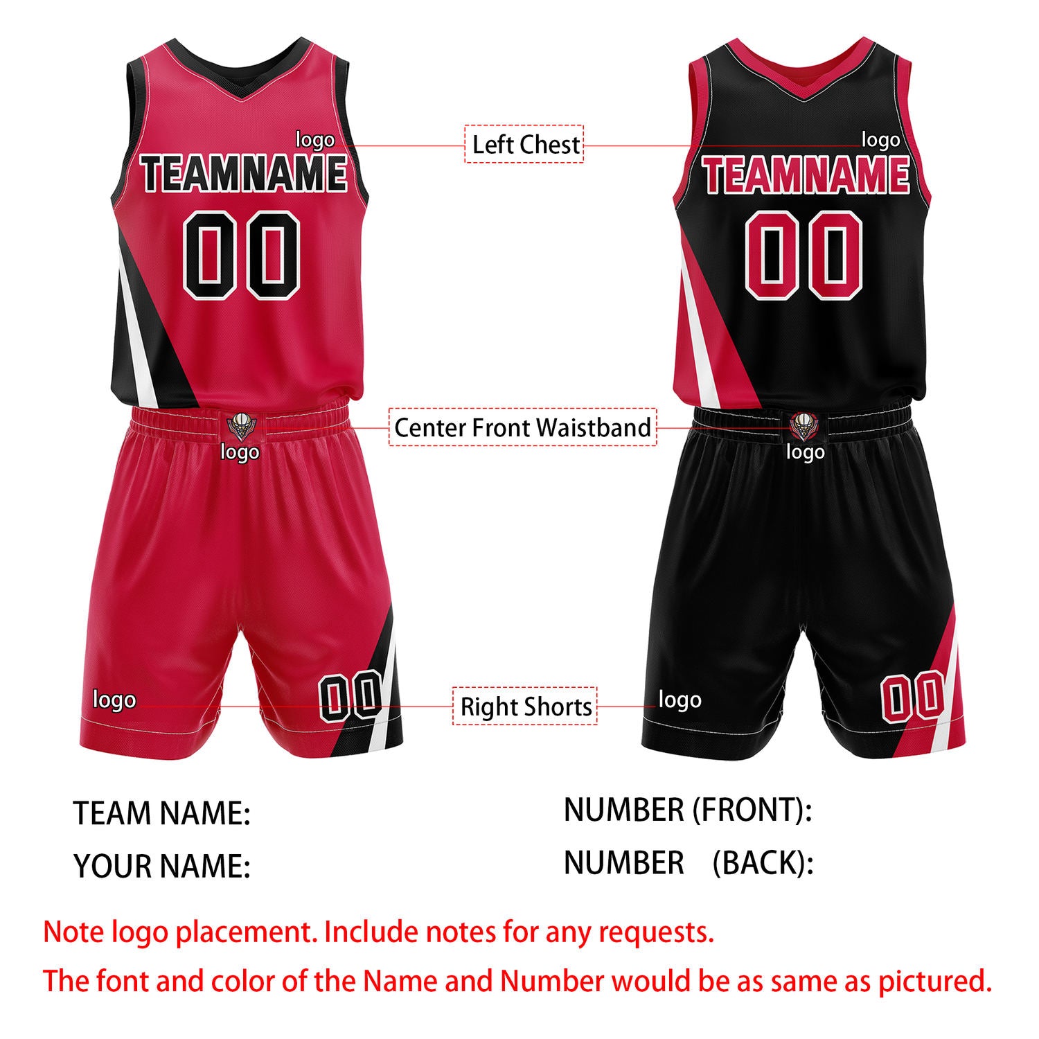 Custom Reversible Red Black Basketball Uniform Set | Team & Player Name - Vosoli