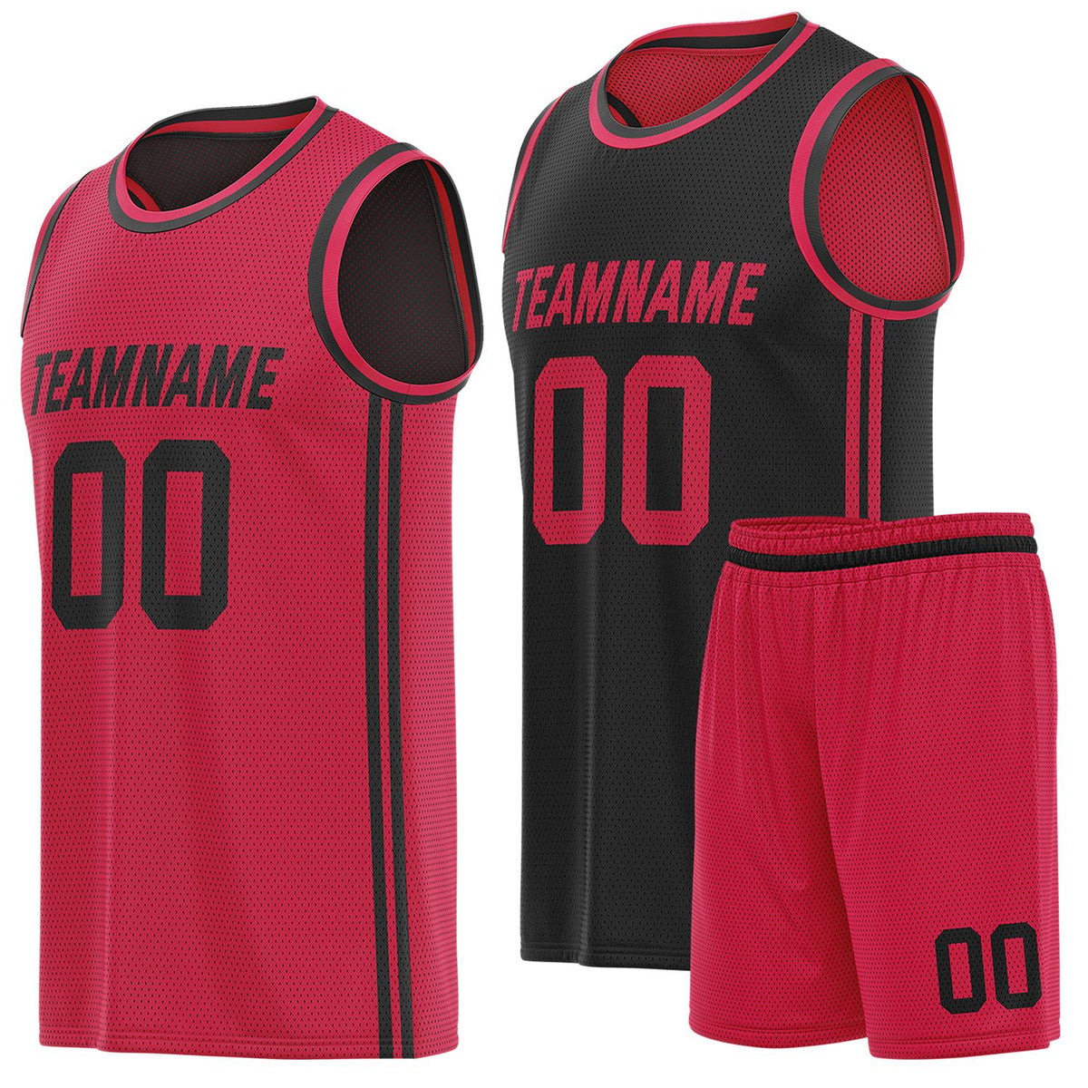 Custom reversible red &amp; black basketball uniform (jersey + shorts), personalized team name number logo breathable mesh sports set for men women youth game practice - Vosoli