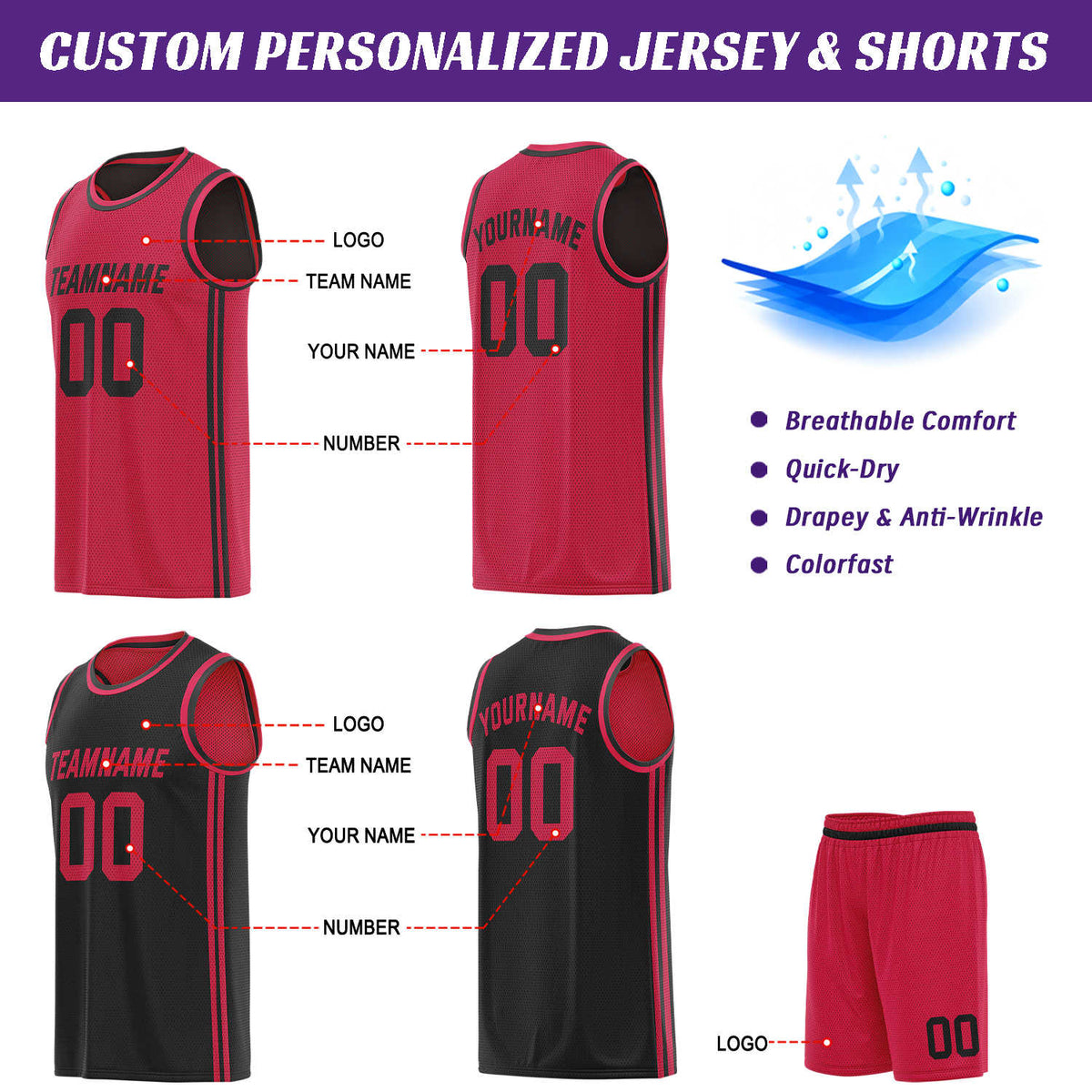 Custom Reversible Red & Black Basketball Uniform | Jersey & Shorts Set - Vosoli