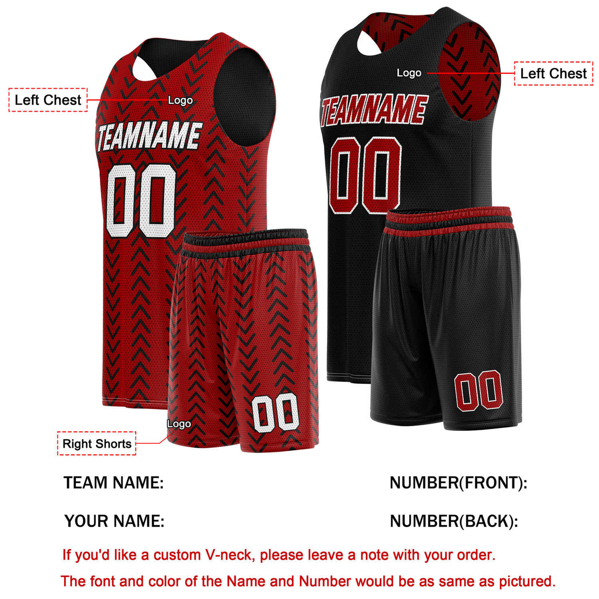 Custom Reversible Basketball Jersey + Shorts Set (Red & Black Chevron) - Personalized Team Name, Number & LOGO | Vosoli