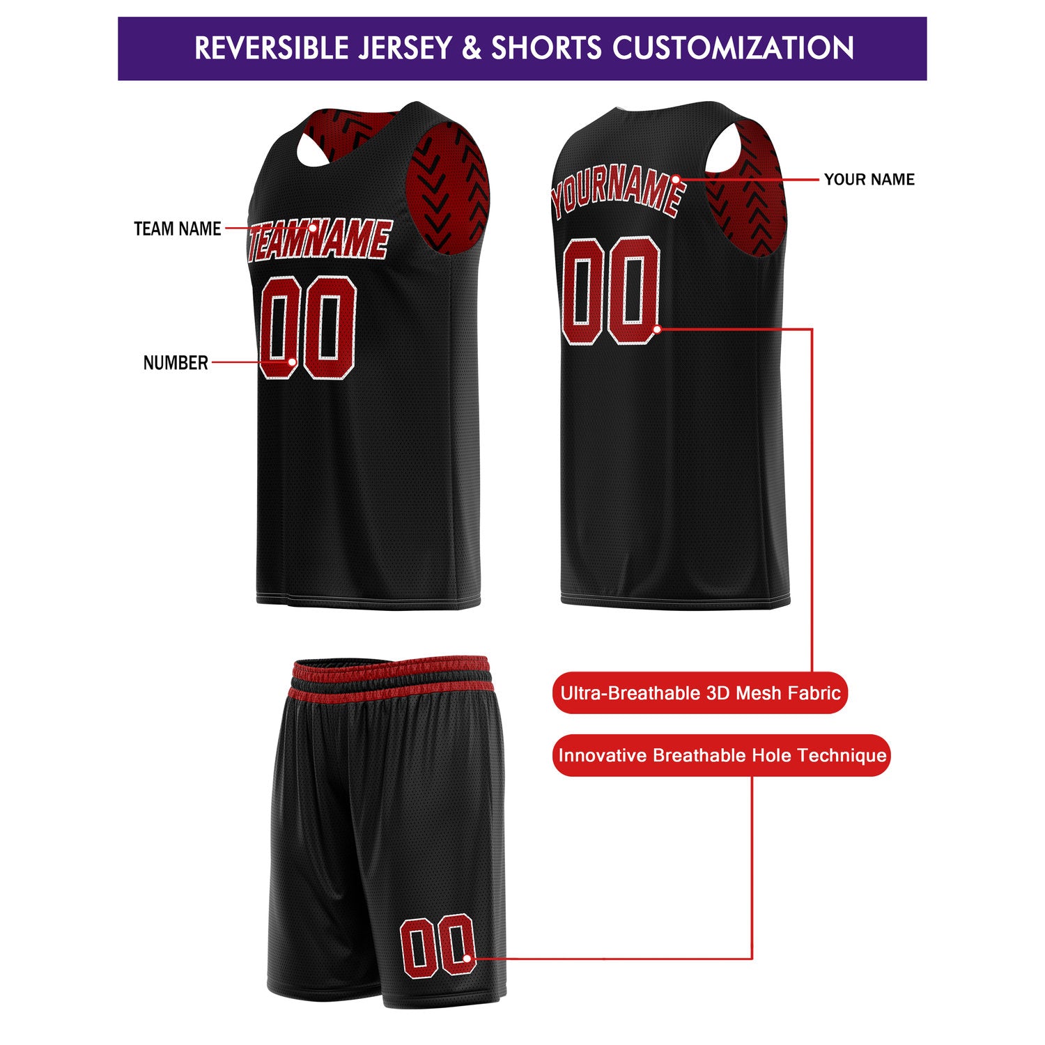 Custom Reversible Basketball Jersey + Shorts Set (Red & Black Chevron) - Personalized Team Name, Number & LOGO | Vosoli