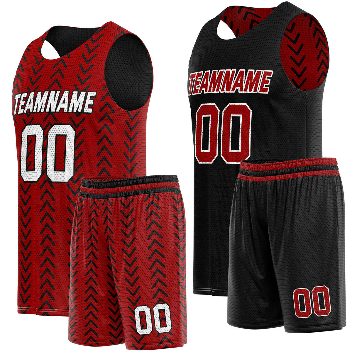 Custom Reversible Basketball Jersey + Shorts Set (Red &amp; Black Chevron) - Personalized Team Name, Number &amp; LOGO | Vosoli