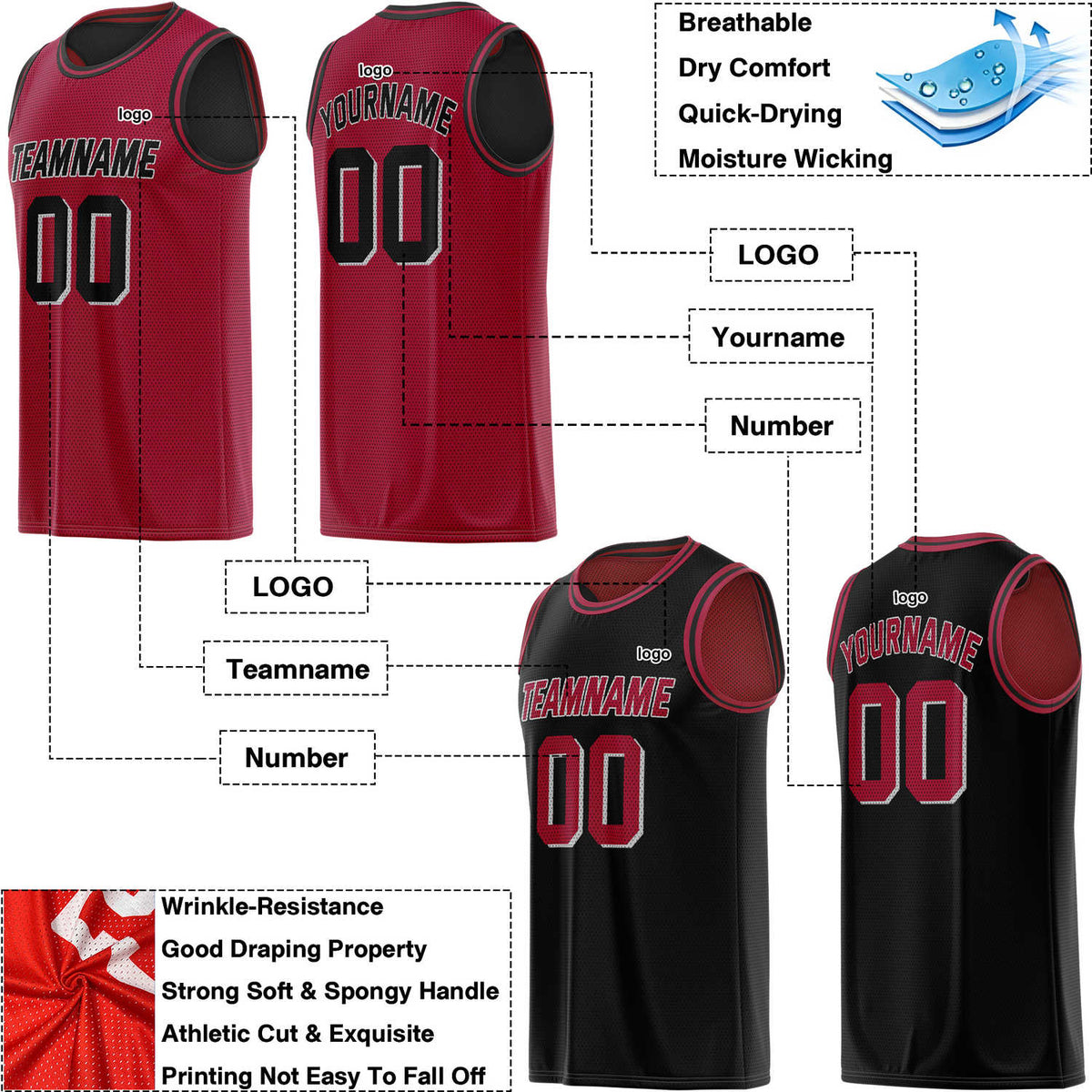 Custom Reversible Red & Black Mesh Basketball Jersey | Personalized Team Jersey | Vosoli