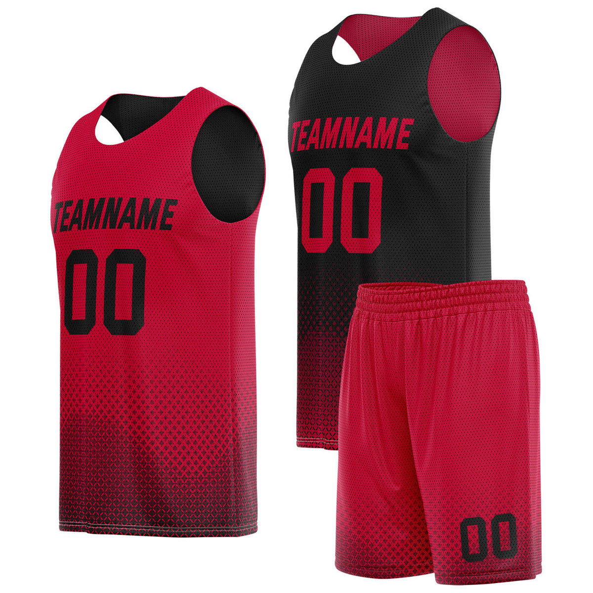 Custom reversible red black basketball uniform, personalized team name number logo breathable Mesh sports set for men women youth game practice wear - Vosoli