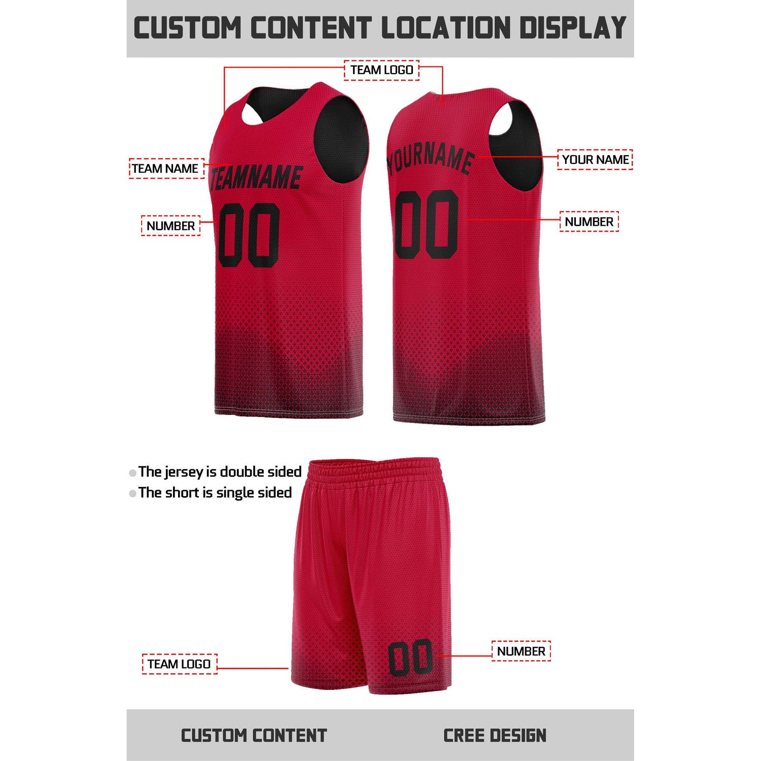 Custom reversible red black basketball uniform, personalized team name number logo breathable Mesh sports set for men women youth game practice wear - Vosoli